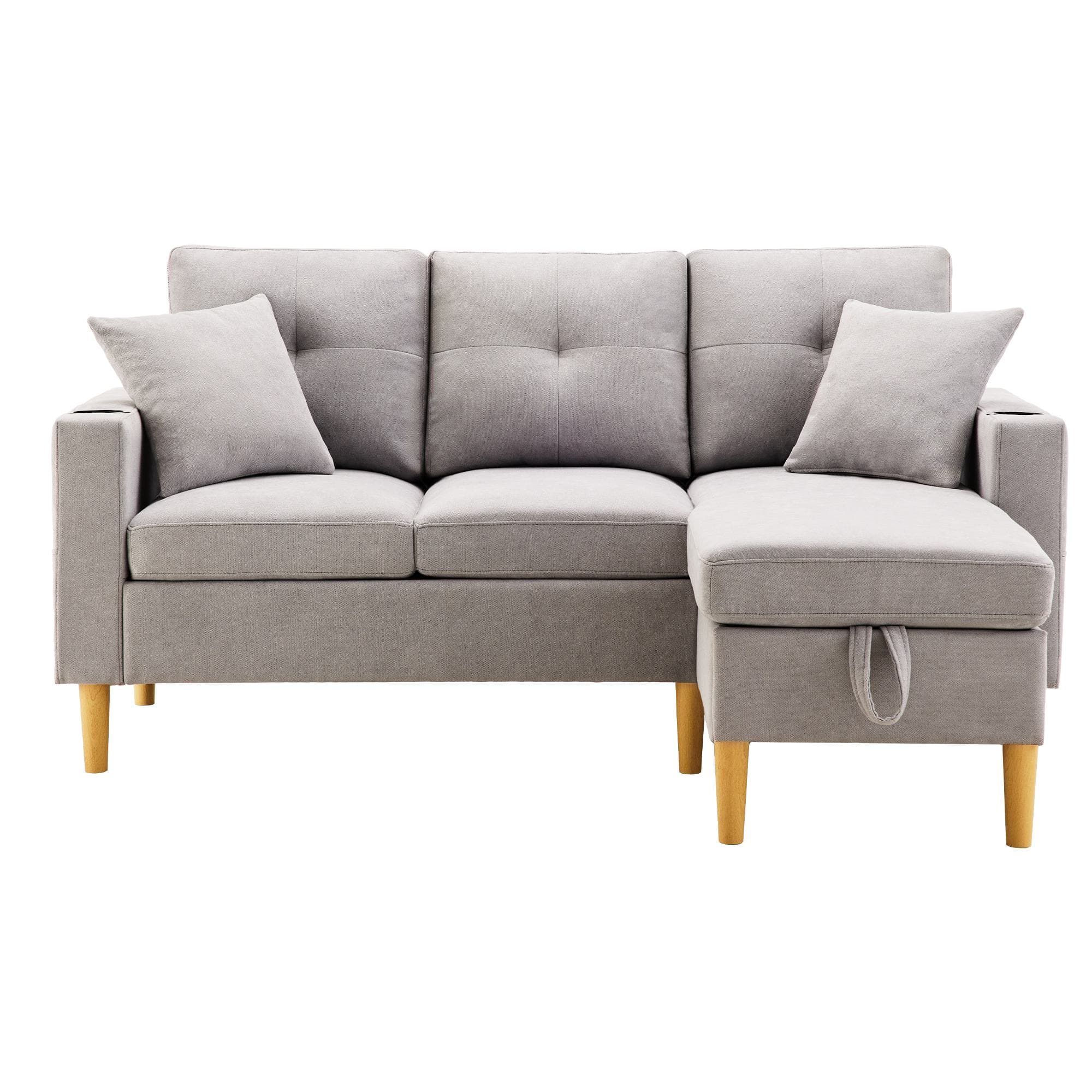 Canapé d'angle moderne en L, 3 places avec méridienne et rangement, porte-gobelet intégré, 175x129x90 cm, Gris clair