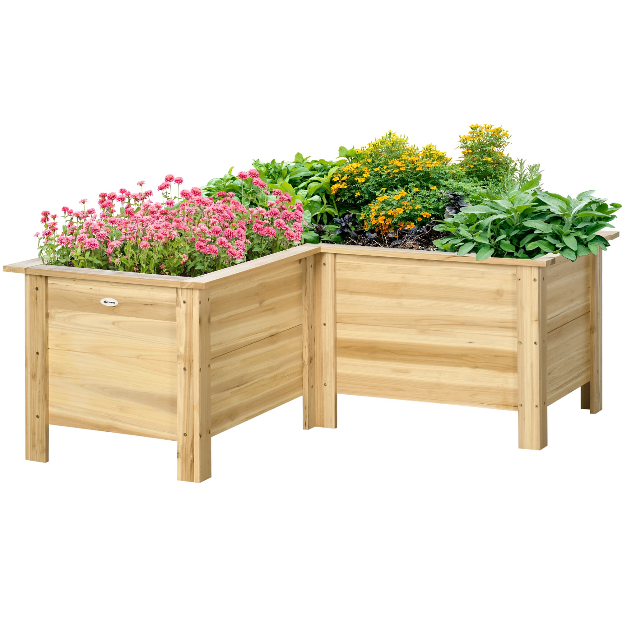 Outsunny Bac-potager surélevé en bois Bac extérieur en forme de L avec toile non tissée Potager urbain 120x120x50 cm naturel