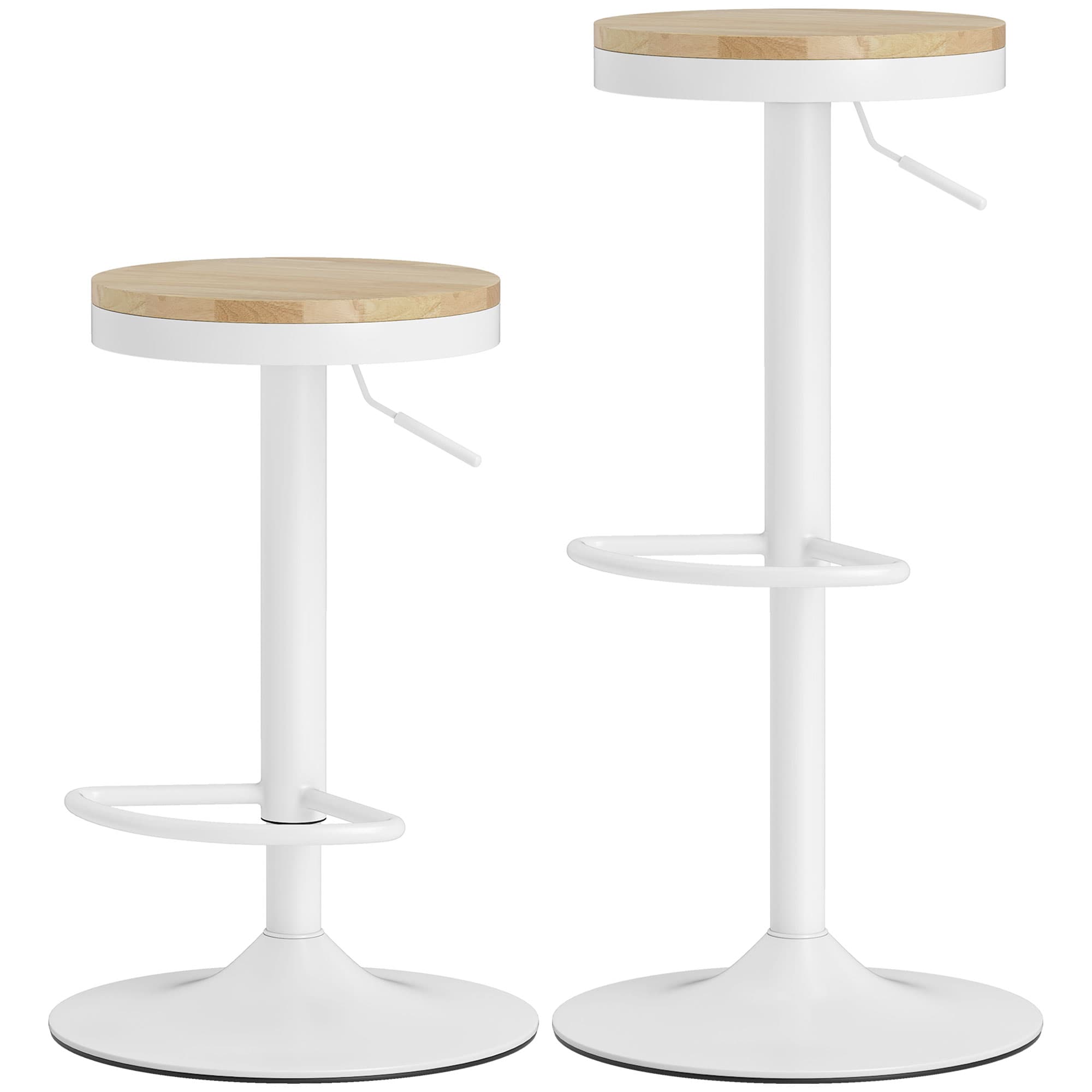 HOMCOM Lot de 2 tabourets de bar, réglables en hauteur, pivotants 360° tabouret avec structure en acier repose-pieds 38,5x38,5x60-80 cm Bois naturel+Blanc