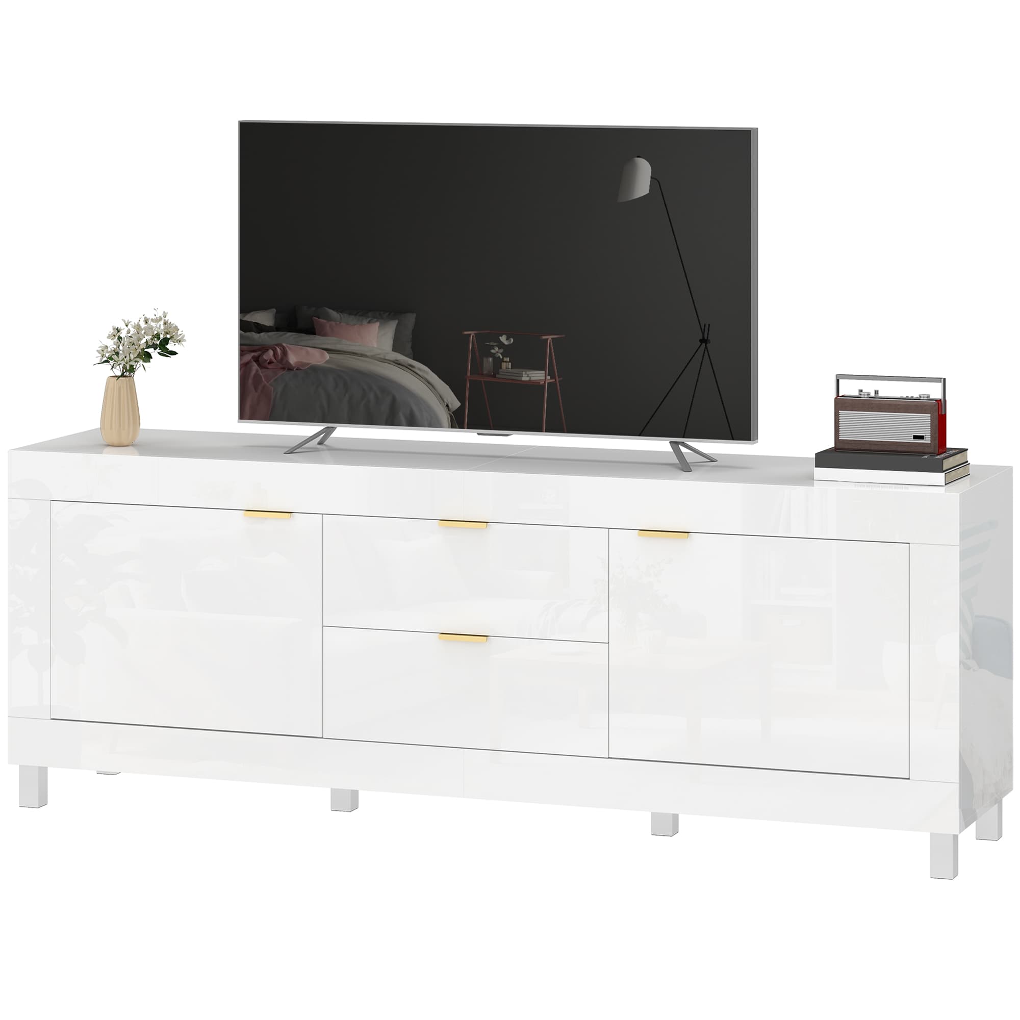 HOMCOM Meuble TV pour téléviseurs jusqu'à 190,5 cm, centre de divertissement moderne avec 2 armoires et 2 tiroirs, Blanc laqué