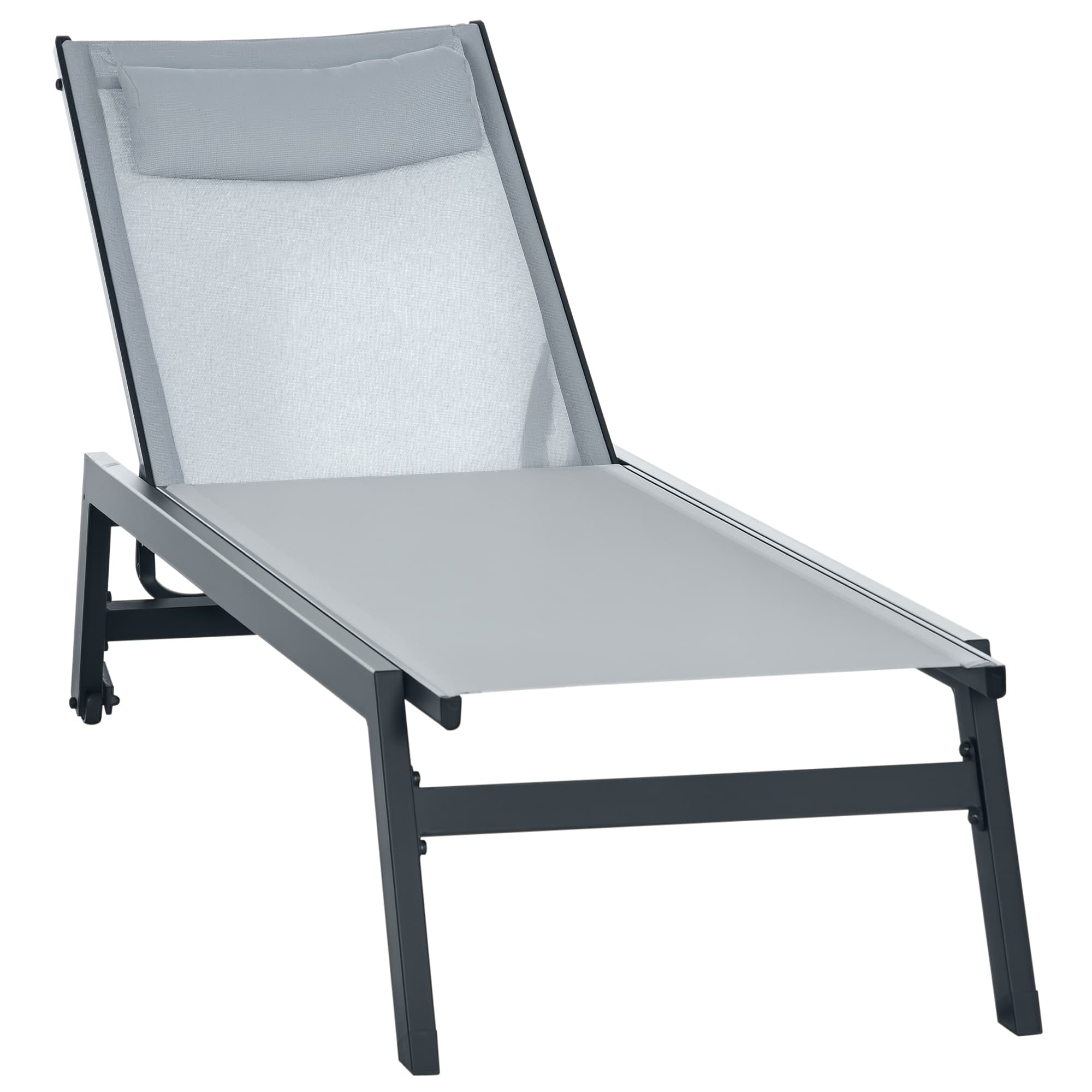 Outsunny Bain de soleil transat en aluminium et textilène avec roulettes et repose-tête dossier inclinable gris clair