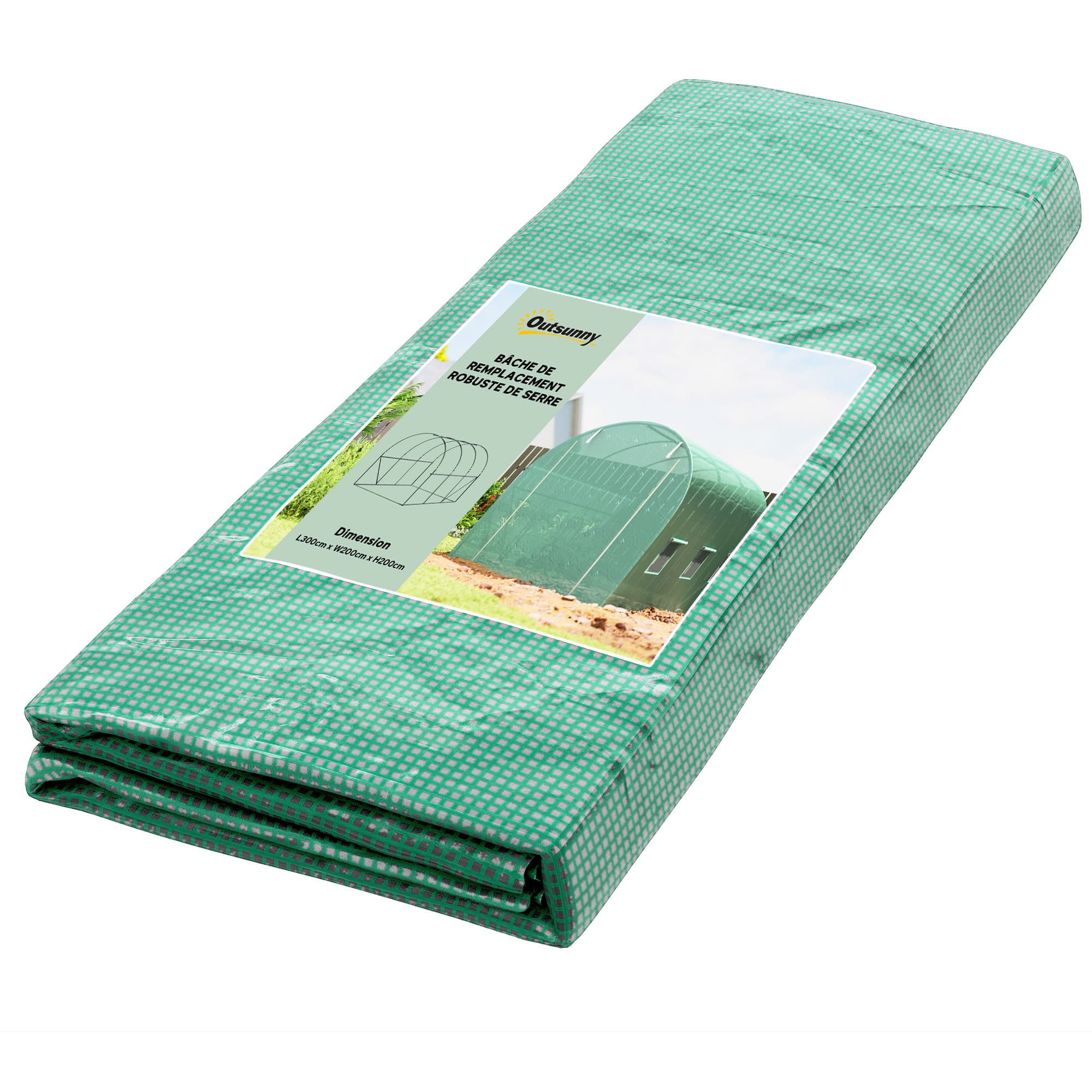 Outsunny Bâche de Rechange Serre Tunnel 6 m2, bâche 3 x 2 x 2 m PE Anti-UV imperméable 6 fenêtres + Porte Enroulable zippée Vert