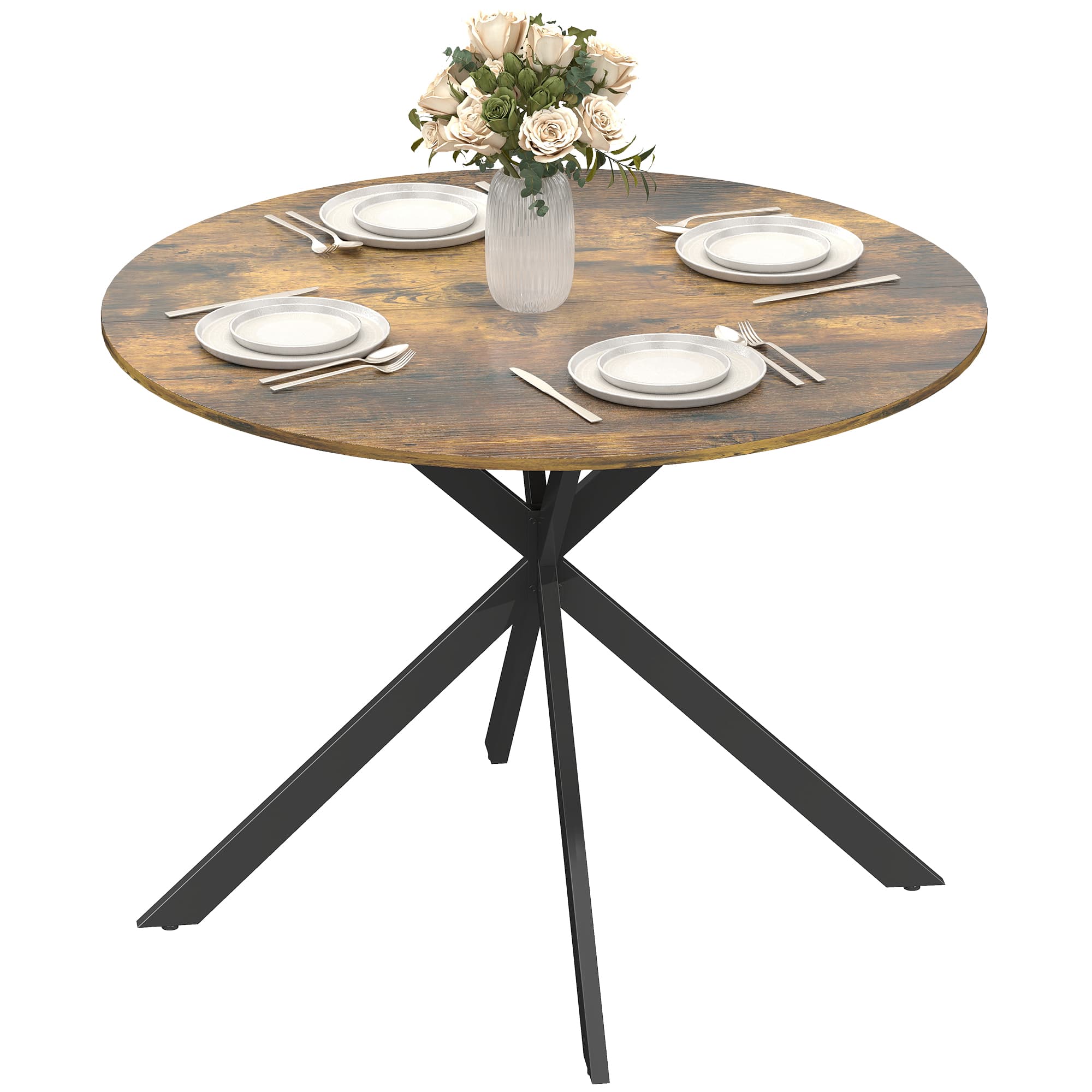 HOMCOM Table à manger ronde pour 4 personnes, table de cuisine style industriel avec pieds en acier, pour salle à manger, cuisine, Brun rustique