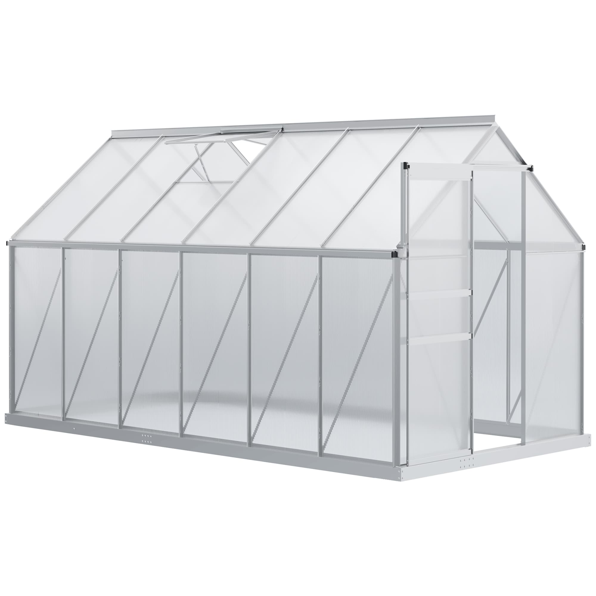 Outsunny Serre de Jardin en Polycarbonate 7,1 m2 dim. 1,9L x 3,75l x 1,99 m avec Fondation, Lucarne réglable, Porte coulissante - Argent et Transparent