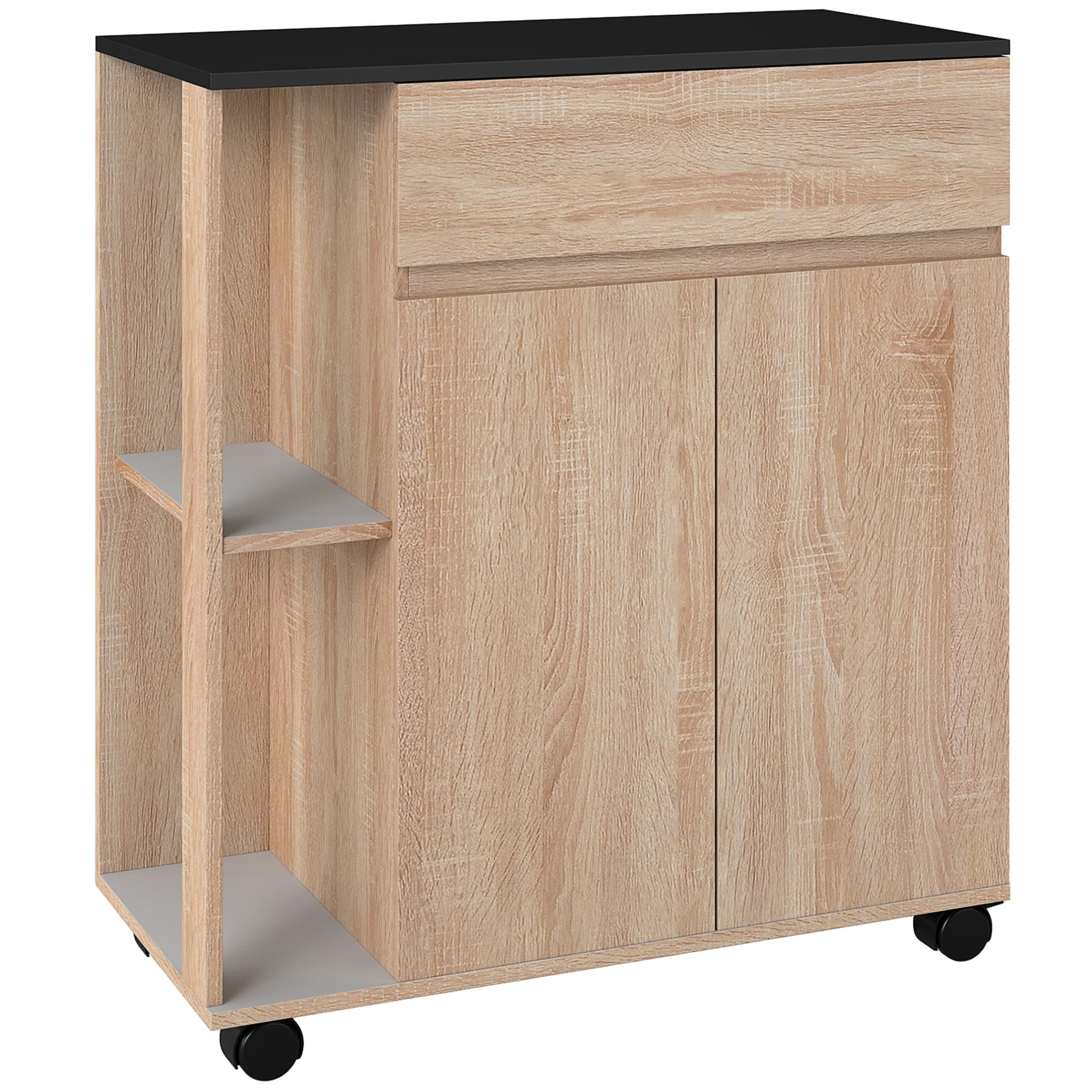 HOMCOM Chariot de service desserte de cuisine à roulettes multi-rangements placard double portes + 2 étagères + tiroir panneaux particules chêne noir