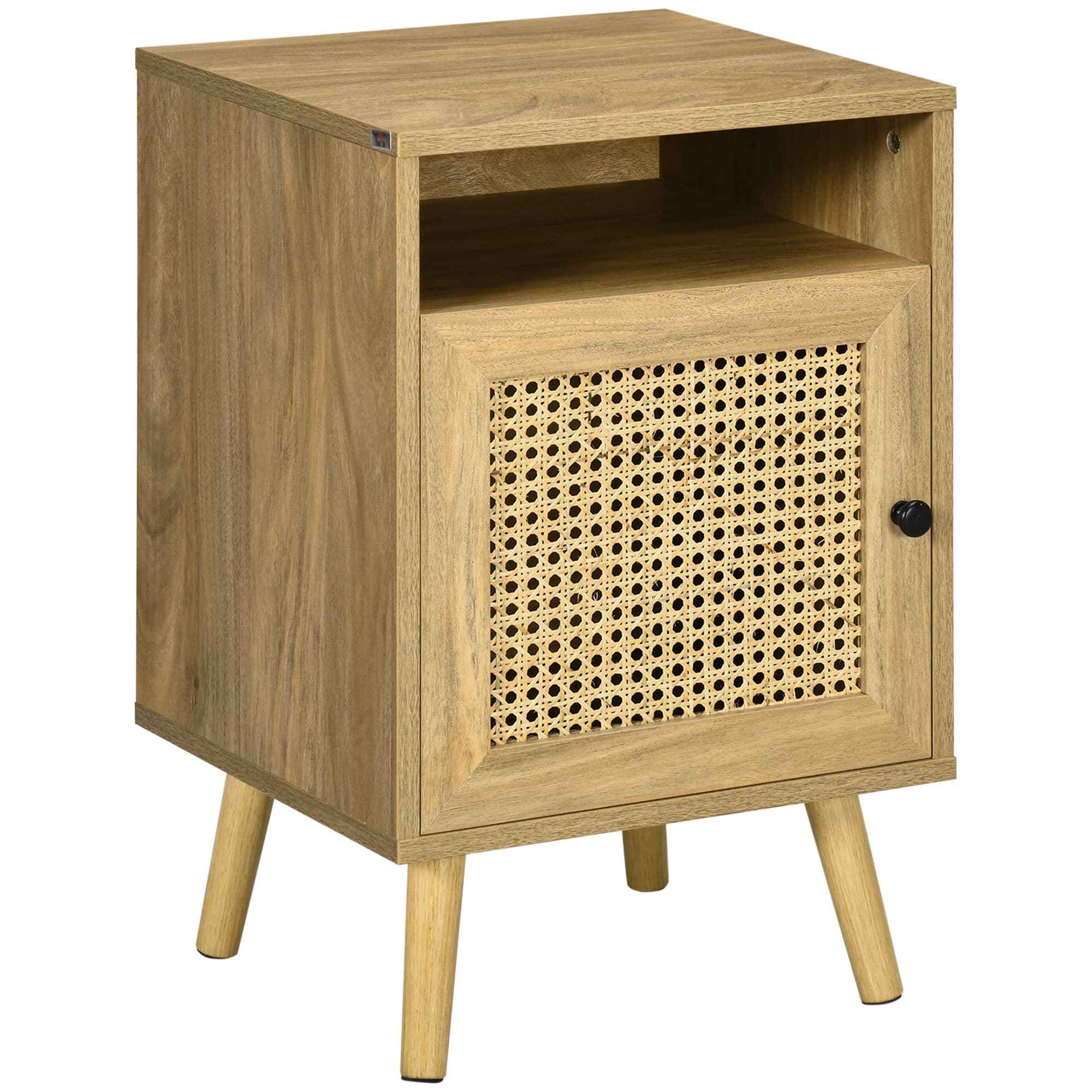 HOMCOM Table de chevet table de nuit avec placard porte cannage et niche design vintage 39 x 35 x 60 cm naturel