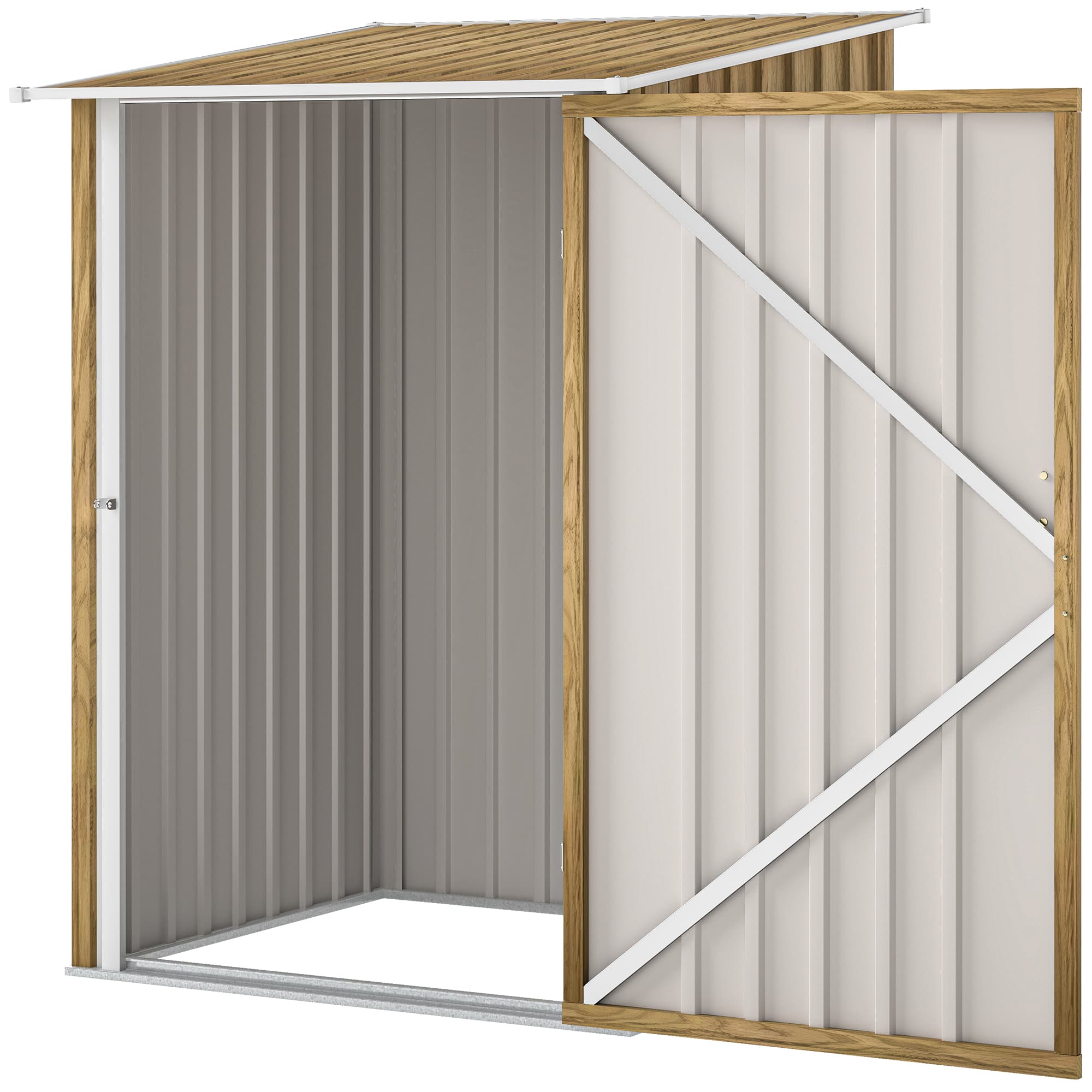 Outsunny Abri de Jardin 0.92m2 en Acier Galvanisé, Cabanon de Rangement avec Porte Battante Verrouillable, Toit Incliné, 100x104x160 cm, Brun Clair Effet Bois
