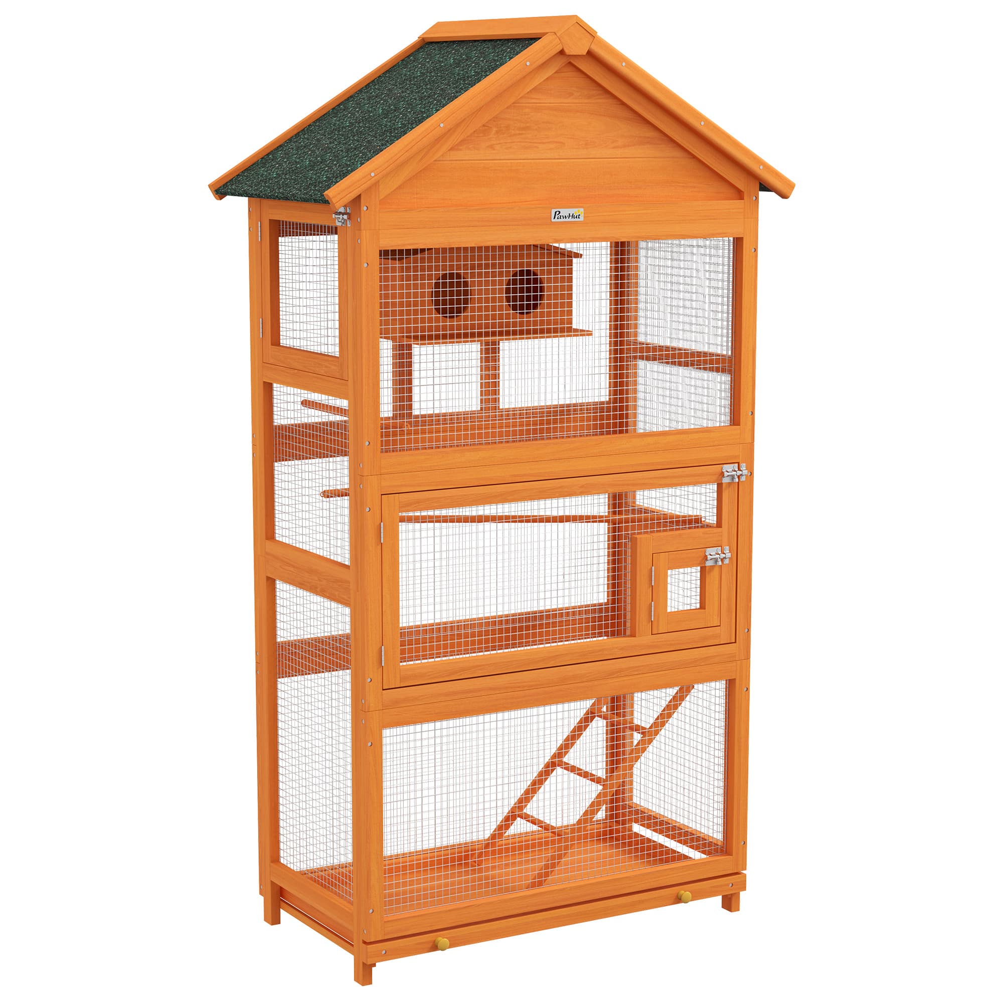 PawHut Cage à oiseaux en bois cage perroquet aire de jeux toit asphalte imperméable 92 x 52 x 171 cm orange