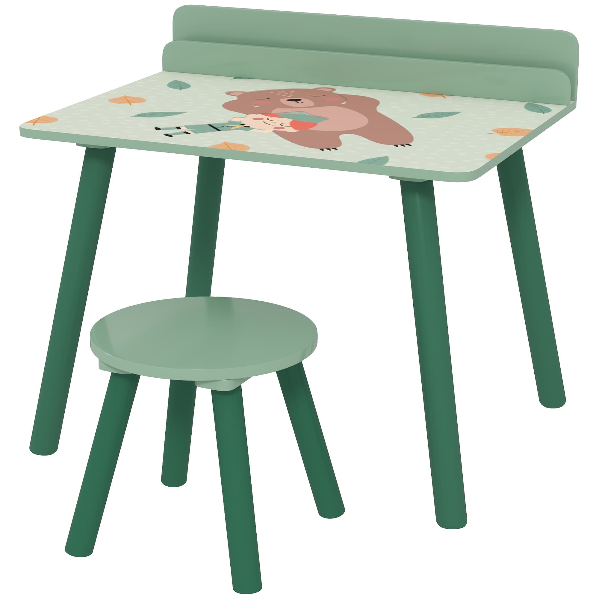 AIYAPLAY Ensemble table et chaise enfant table pour enfant avec chaise avec porte-livres motifs d'ours pour enfants 3-8 ans vert