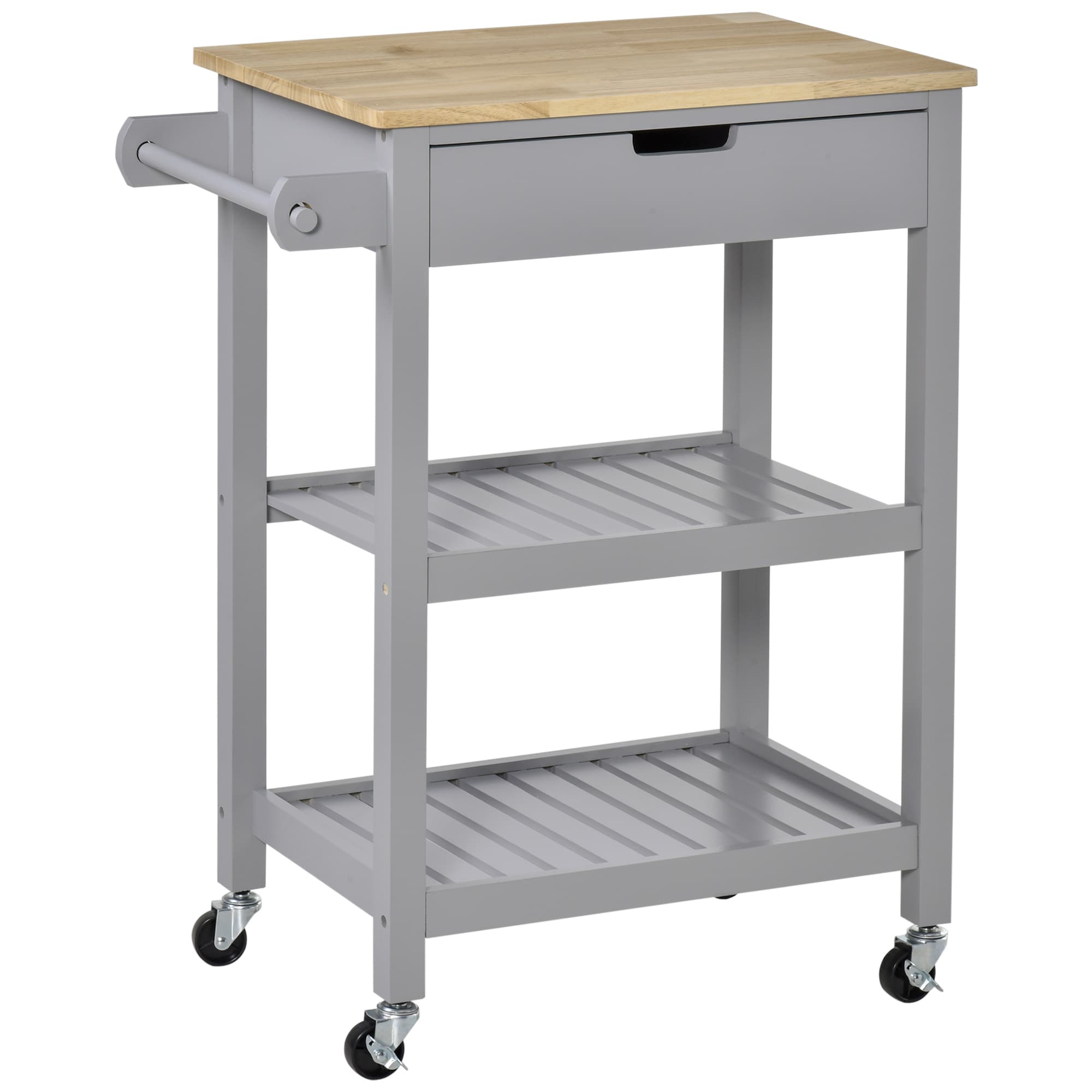 HOMCOM Desserte de service chariot de cuisine à roulettes avec plan de travail en bois hévéa - 2 étagères, 1 tiroir et 1 porte-torchon