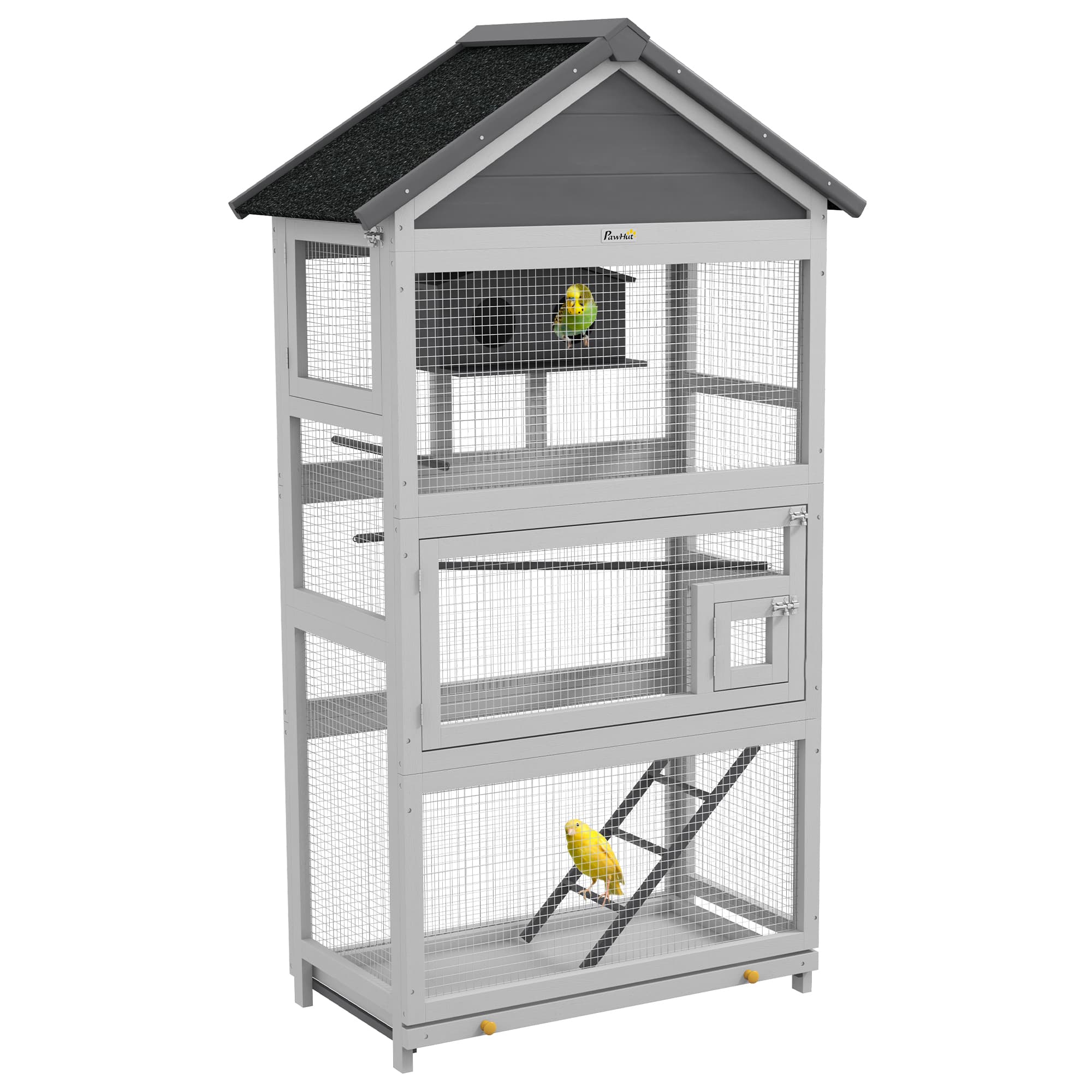 PawHut Cage à oiseaux en bois cage perroquet aire de jeux toit asphalte imperméable 92 x 52 x 171 cm gris