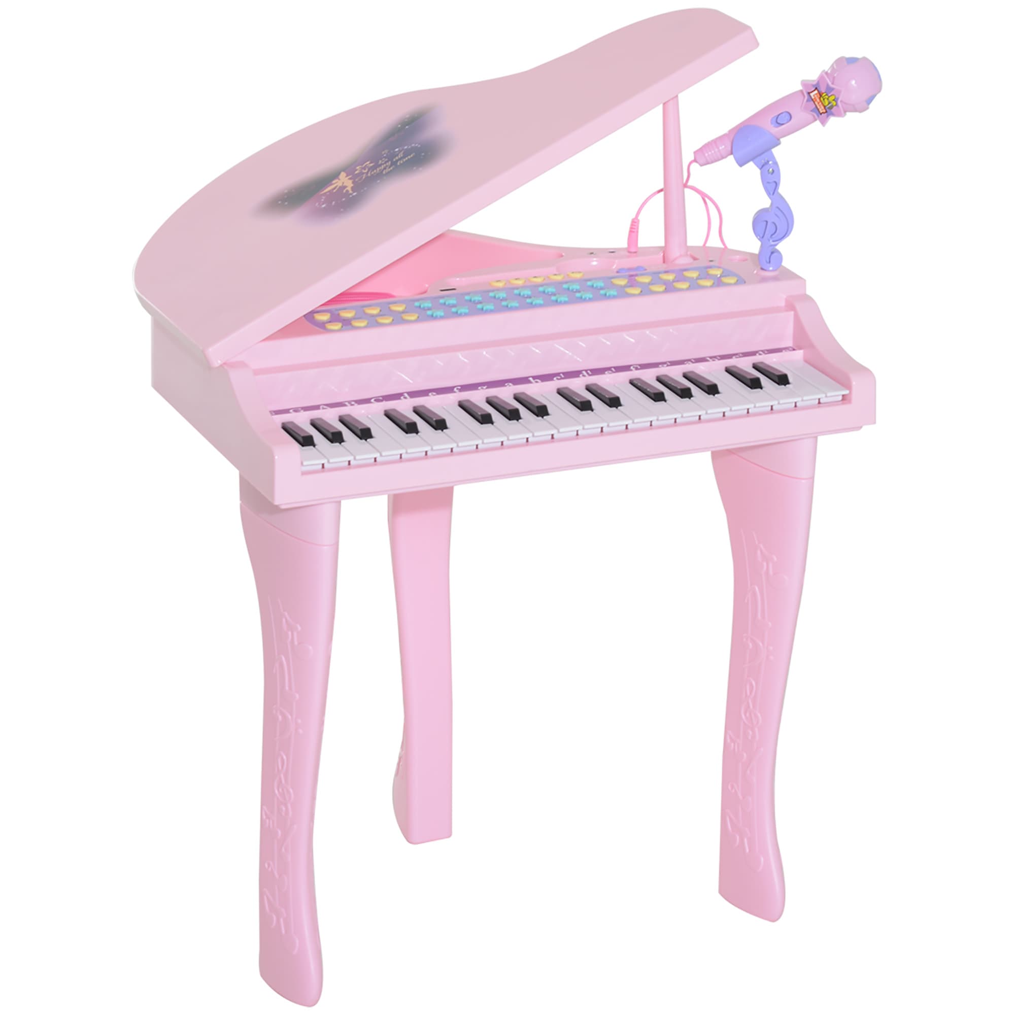 HOMCOM Piano à Queue électronique 37 Touches Multifonctions avec Micro Haut Parleur, lumière LED, fonction d'enregistrement et de relecture, instrument de musique enfant 3 à 6 ans Rose
