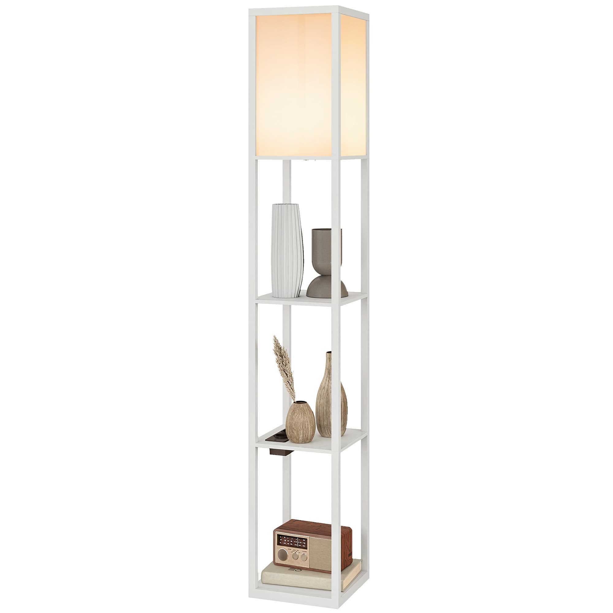 HOMCOM Lampadaire avec tablettes, lumière réglable, interrupteur au pied et ports USB, blanc