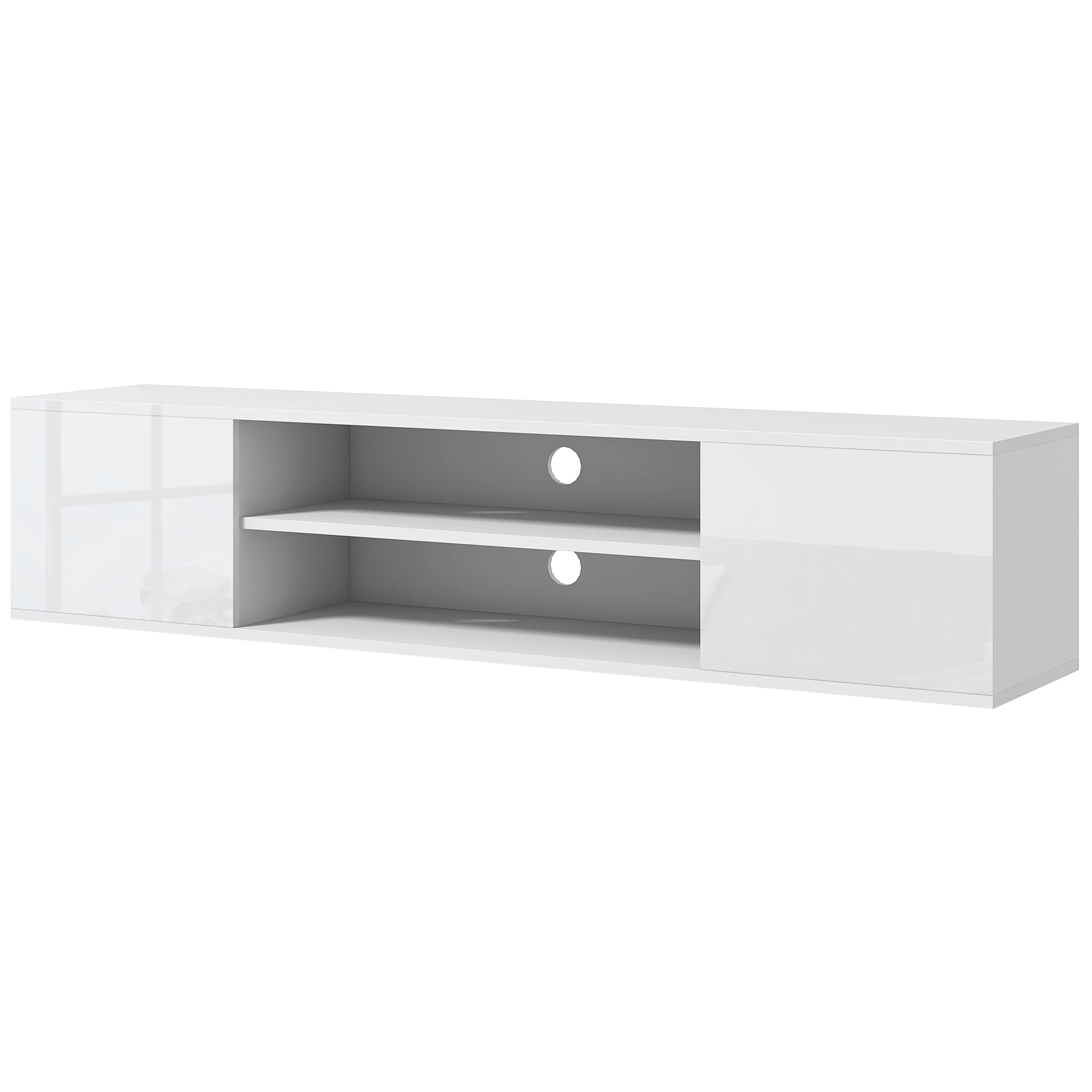 HOMCOM Meuble banc TV mural suspendu style contemporain 2 placards 2 niches centrales et 2 passe-câbles 140 x 30 x 30 cm blanc