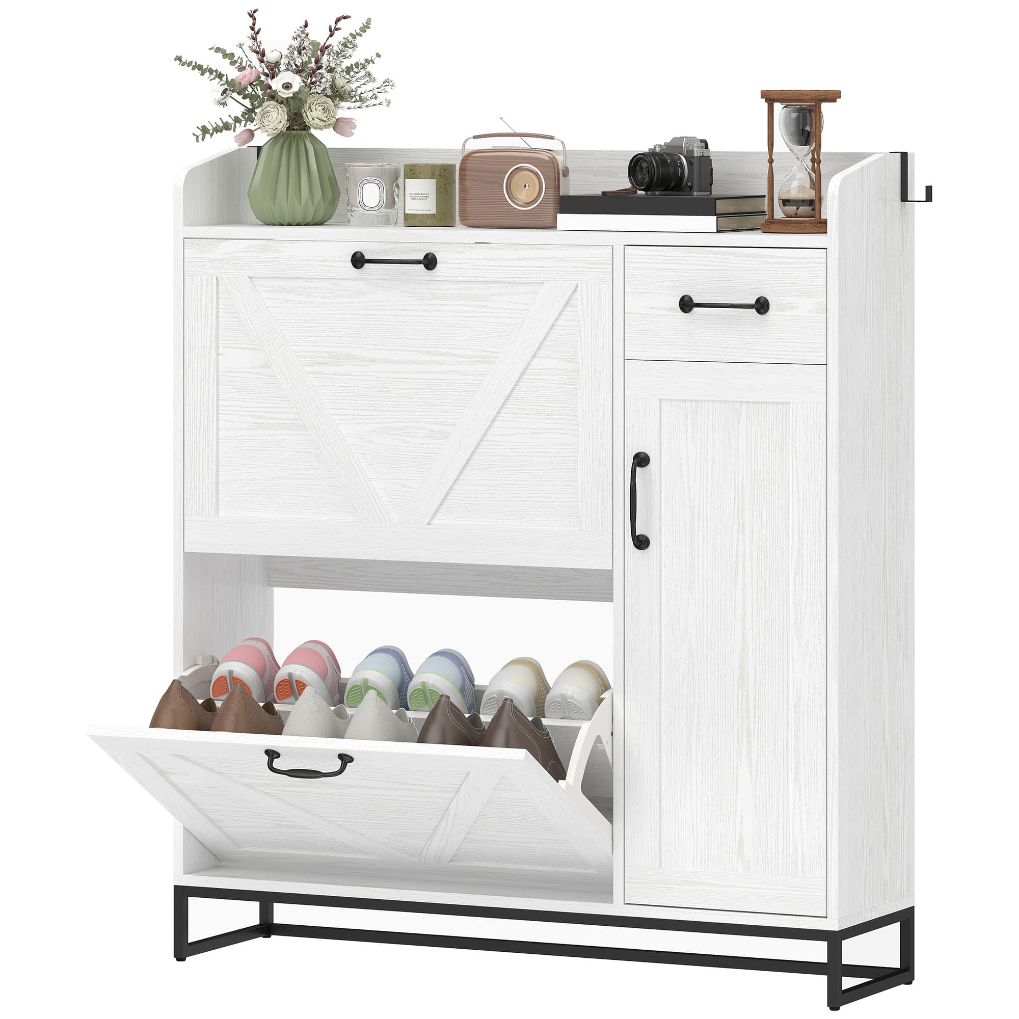 HOMCOM Meuble à chaussures étroit avec 2 tiroirs basculants, étagères réglables pour 12 paires, pour petit espace 106,7x26x116 cm Blanc