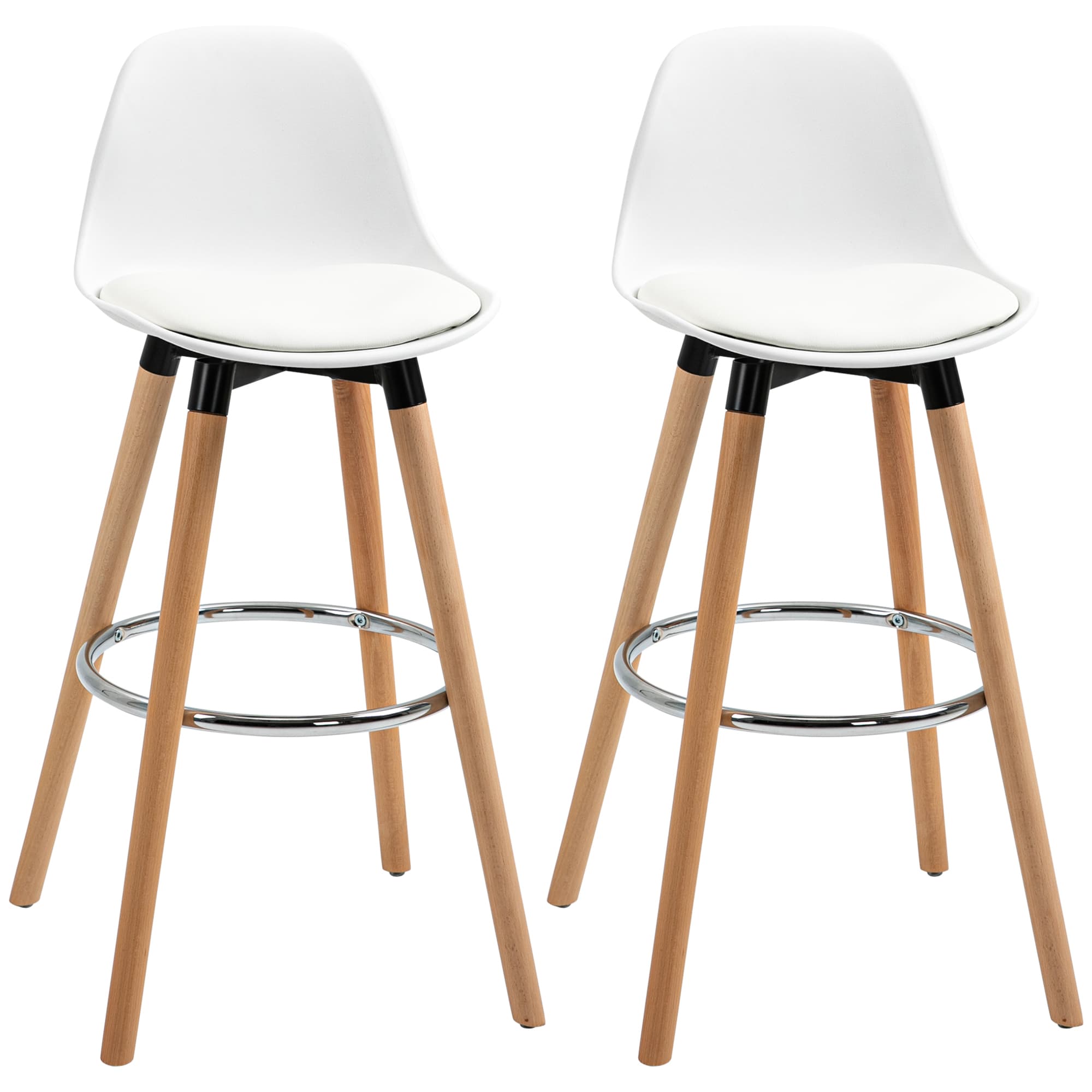 HOMCOM Lot de 2 tabourets de bar, chaises de bar en PU avec dossier et repose-pieds, assise rembourrée 69 cm, pieds en bois, style moderne, tabourets hauts pour cuisine, salle à manger, salon, blanc