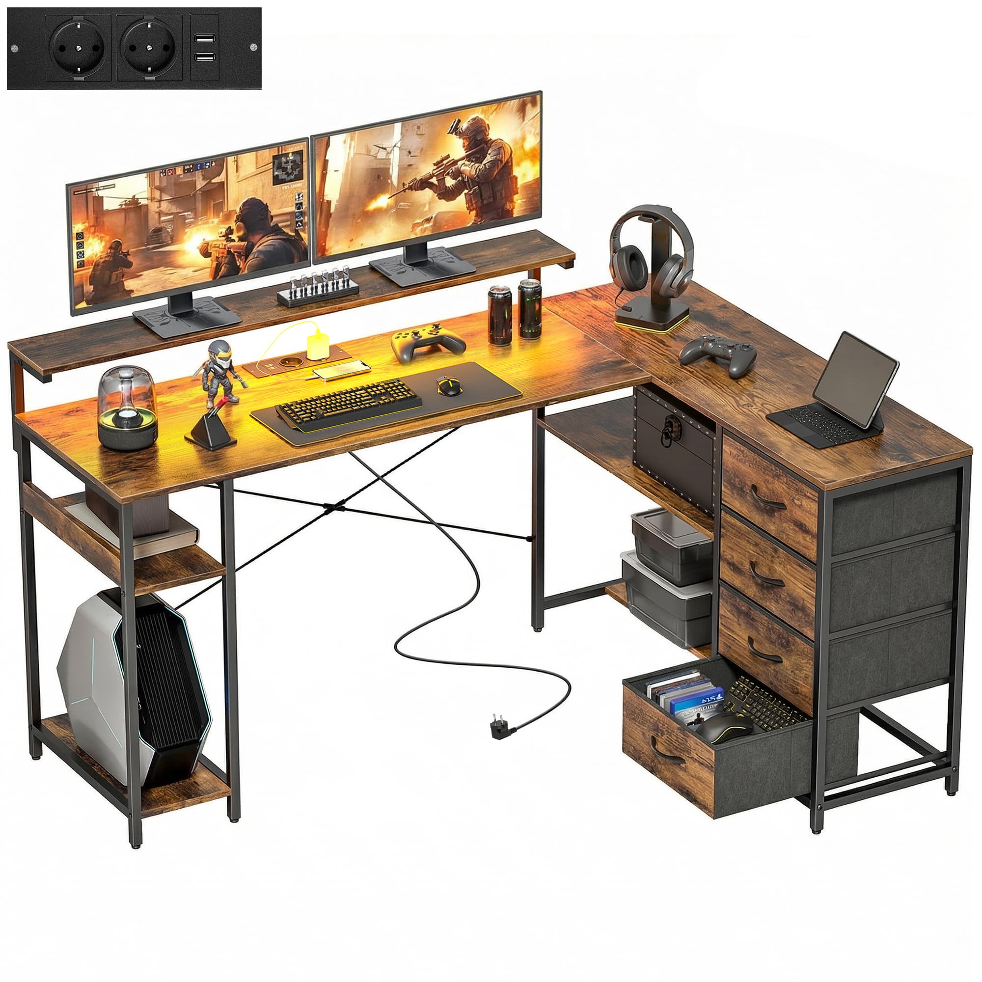 HOMCOM Bureau Gaming en L Bureau avec prise électrique Éclairage LED 4 tiroirs Support d'écran 155x110x91,4 cm Brun
