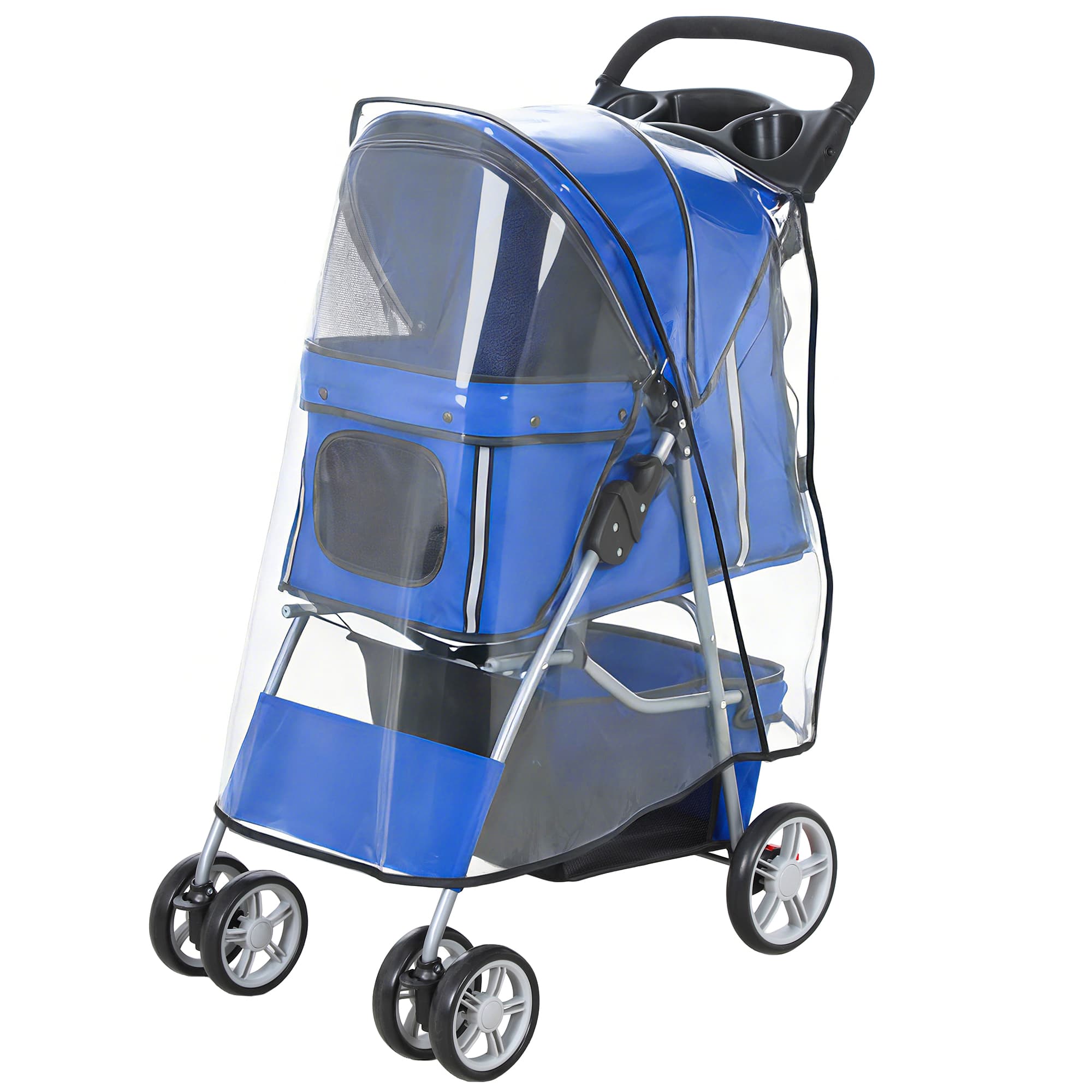 PawHut Poussette pliable pour chiens avec housse anti-pluie, roues pivotantes et coussin lavable, Bleu