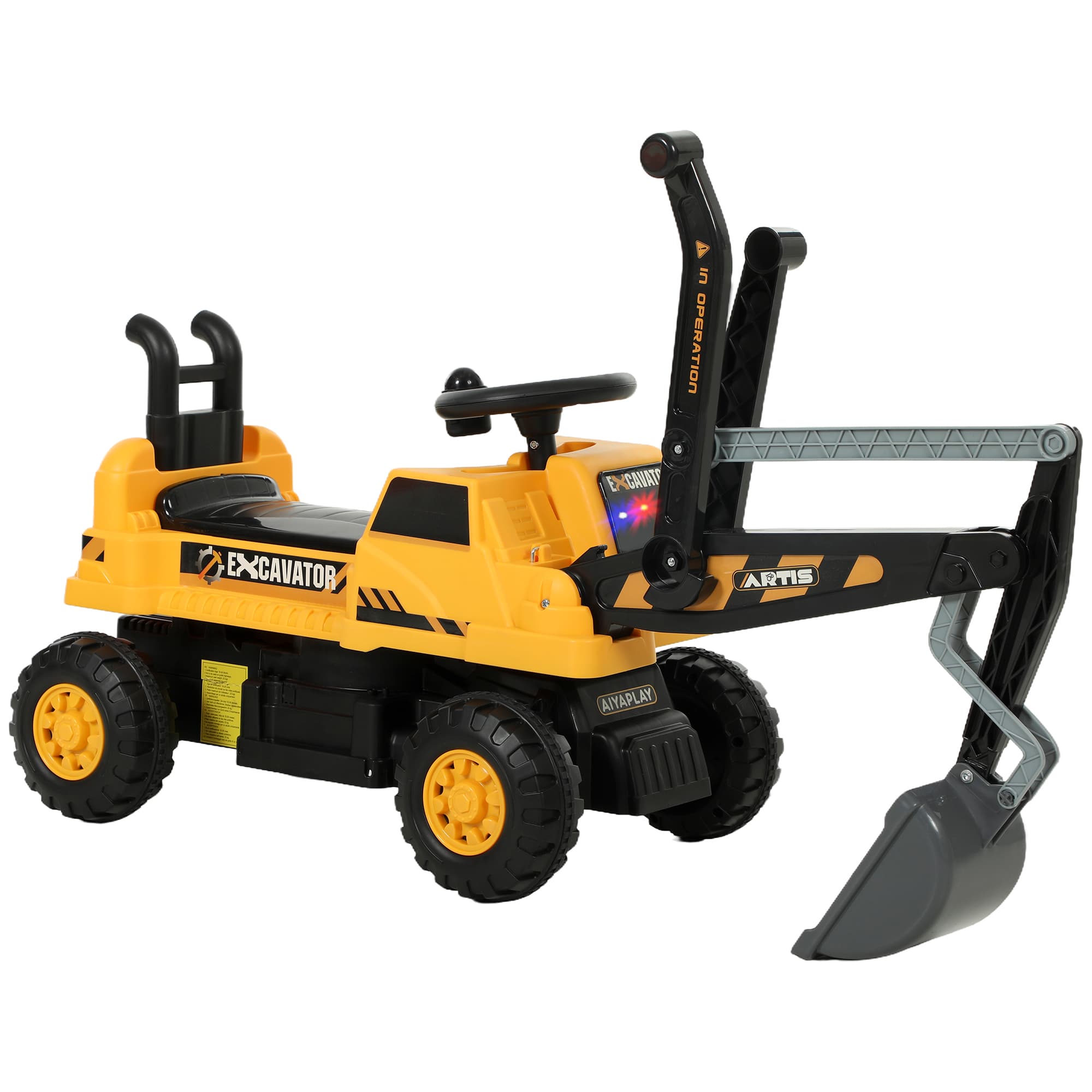 AIYAPLAY Pelleteuse porteur avec pelle et volant, carrosserie rotative, dossier réglable pour enfants 1,5-3 ans Jaune