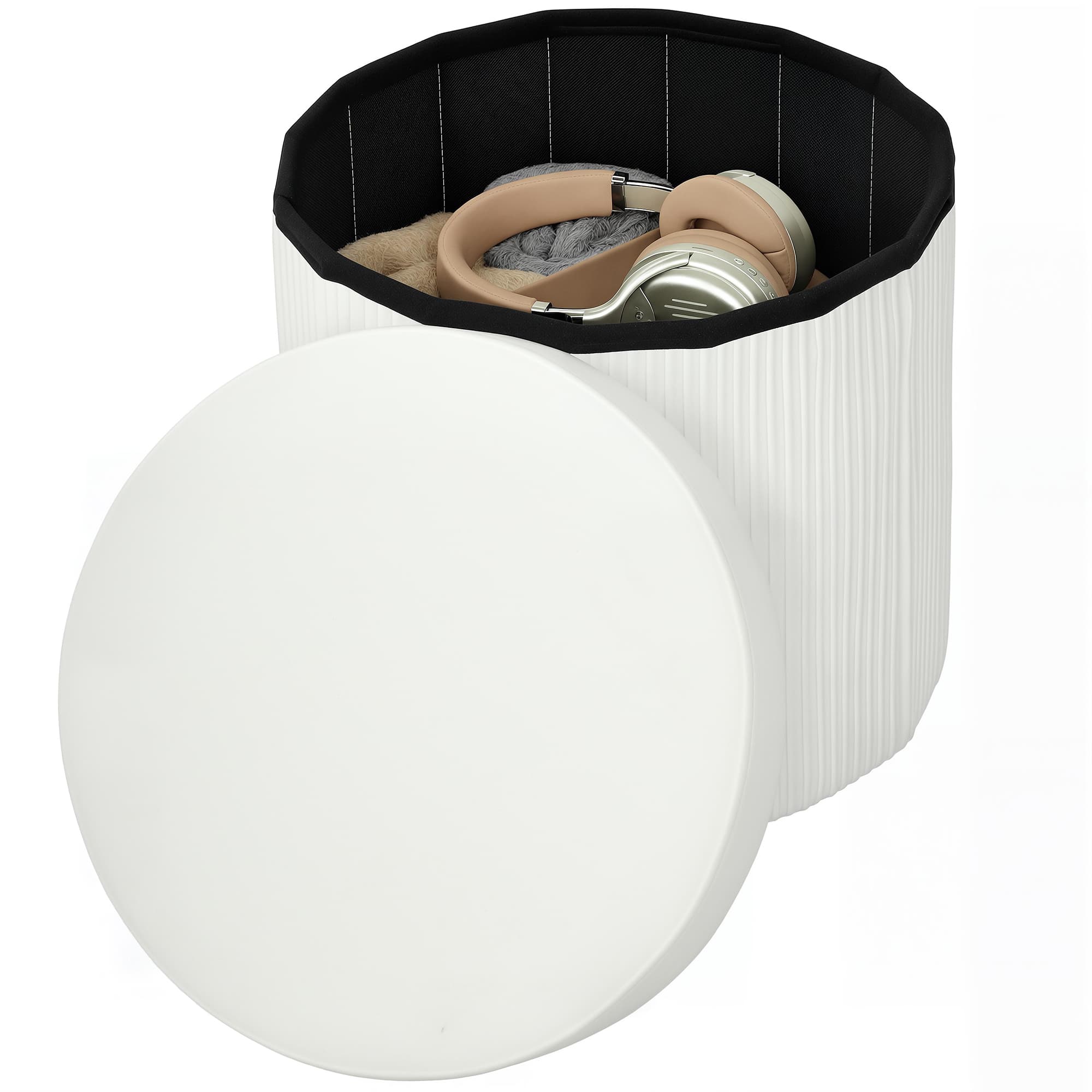 HOMCOM Pouf de rangement Banc de rangement pliable 35 L 38x38x38 cm Revêtement en velours Coffre de rangement rond Crème