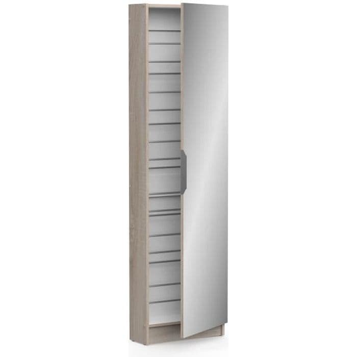 Armoire a chaussures - 12 Paires - Décor Chene - 1 porte avec miroir - L50 x P20x H180 cm - ZAPATERO