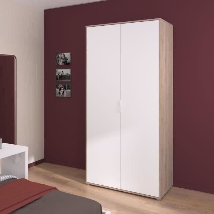 Armoire de chambre AALBORG - Décor Blanc et chene - 2 portes battantes - L100 x P50,2 x H204,3 cm - PARISOT