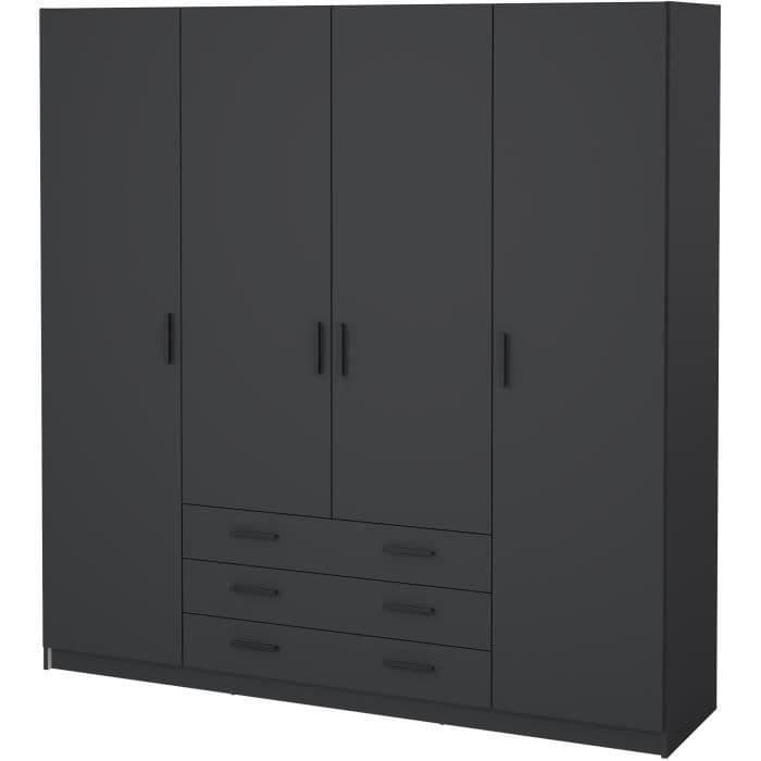 Armoire VEGA - Décor Gris anthracite - 4 portes + 3 tiroirs - L 195,5 x P 49,6 x H 200,4 cm