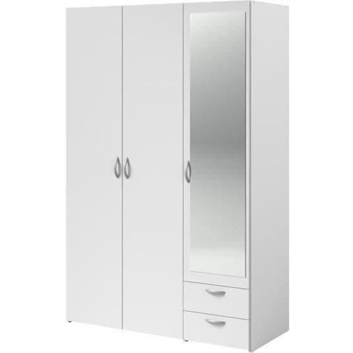 Armoire VARIA - Décor blanc - 3 portes battantes + miroir + 2 tiroirs - L 120 x H 185 x P 51 cm - PARISOT