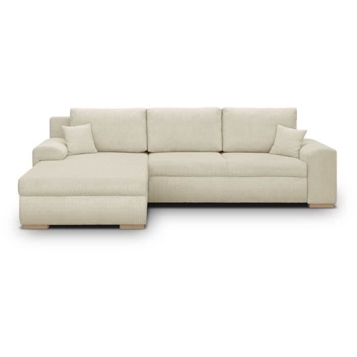 Canapé d'angle convertible - 5 places - INDIAN - Tissu velours côtelé Beige - Coffre de rangement - 289 x 94/188 x 88 cm