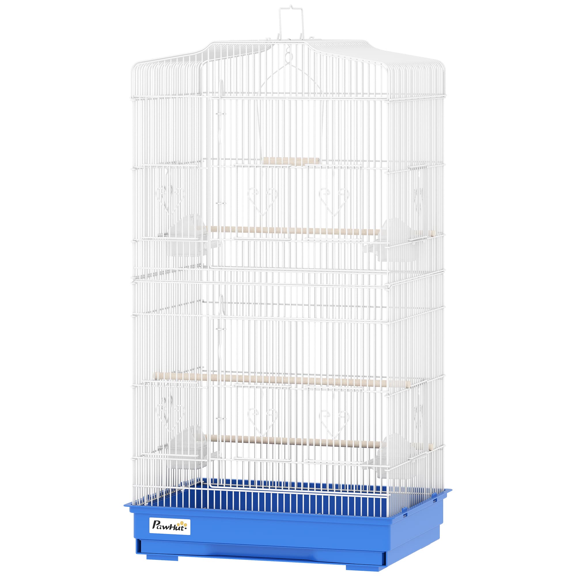 PawHut Cage pour Oiseaux Volière Métallique avec 4 Mangeoires 3 Perchoirs Balançoire et Tiroir Amovible Poignée 46,5x35,5x92 cm Bleu