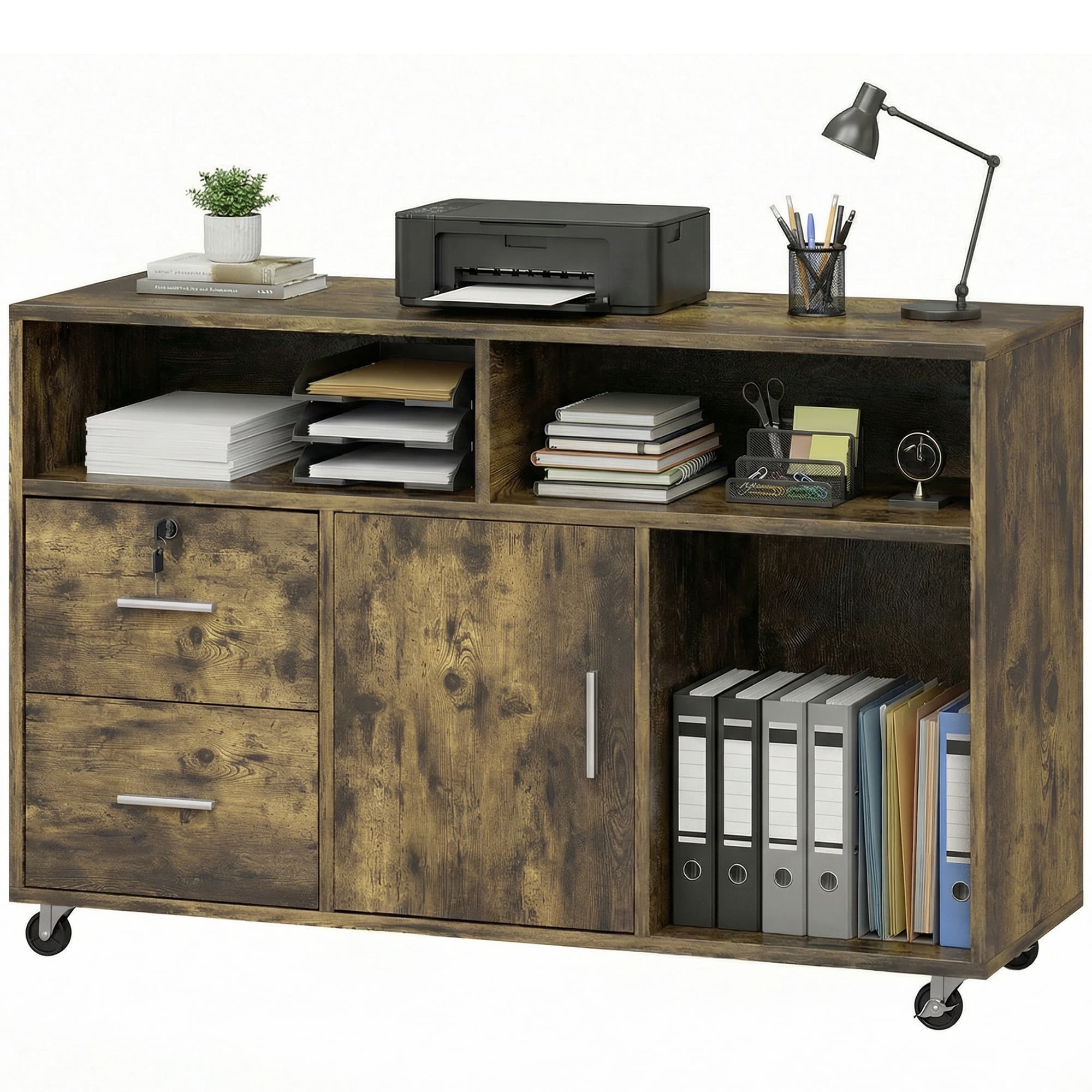 HOMCOM Meuble pour imprimante sur roulettes avec 2 tiroirs, 3 étagères et 2 armoires, en bois, 100x35x65 cm, Marron
