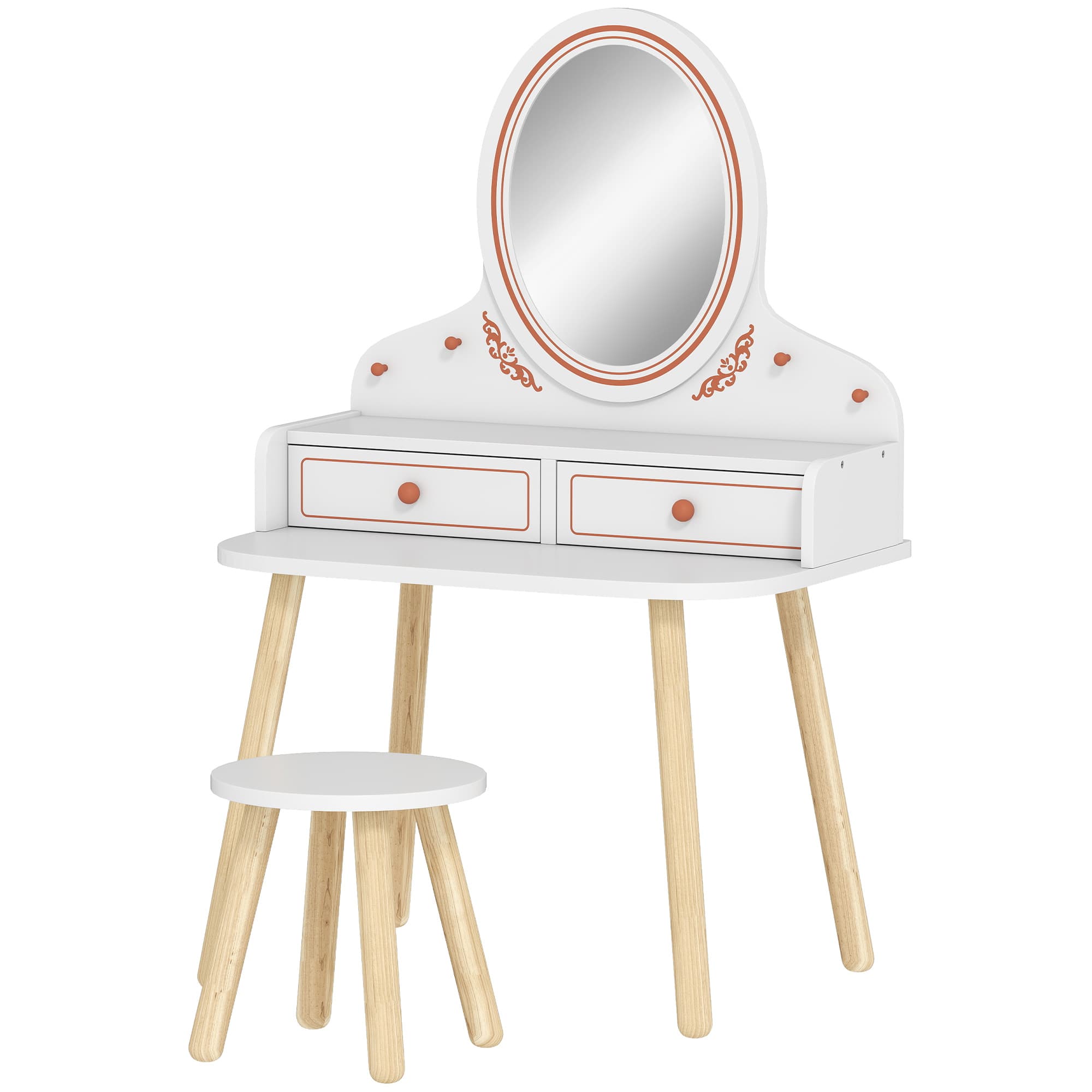 AIYAPLAY Coiffeuse de Maquillage Fille Coiffeuse enfant avec Tabouret et Miroir 2 Tiroirs et Barres Suspendues 3 à 8 Ans Blanc