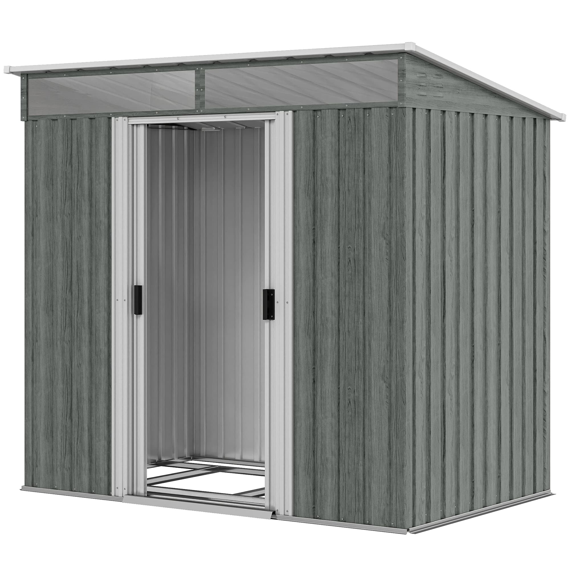 Outsunny Abri de jardin 2m2 en acier galvanisé avec kit de fondation, aérations, abri de jardin avec fenêtres transparentes, toit incliné, porte coulissante verrouillable, 2 crochets, Gris clair