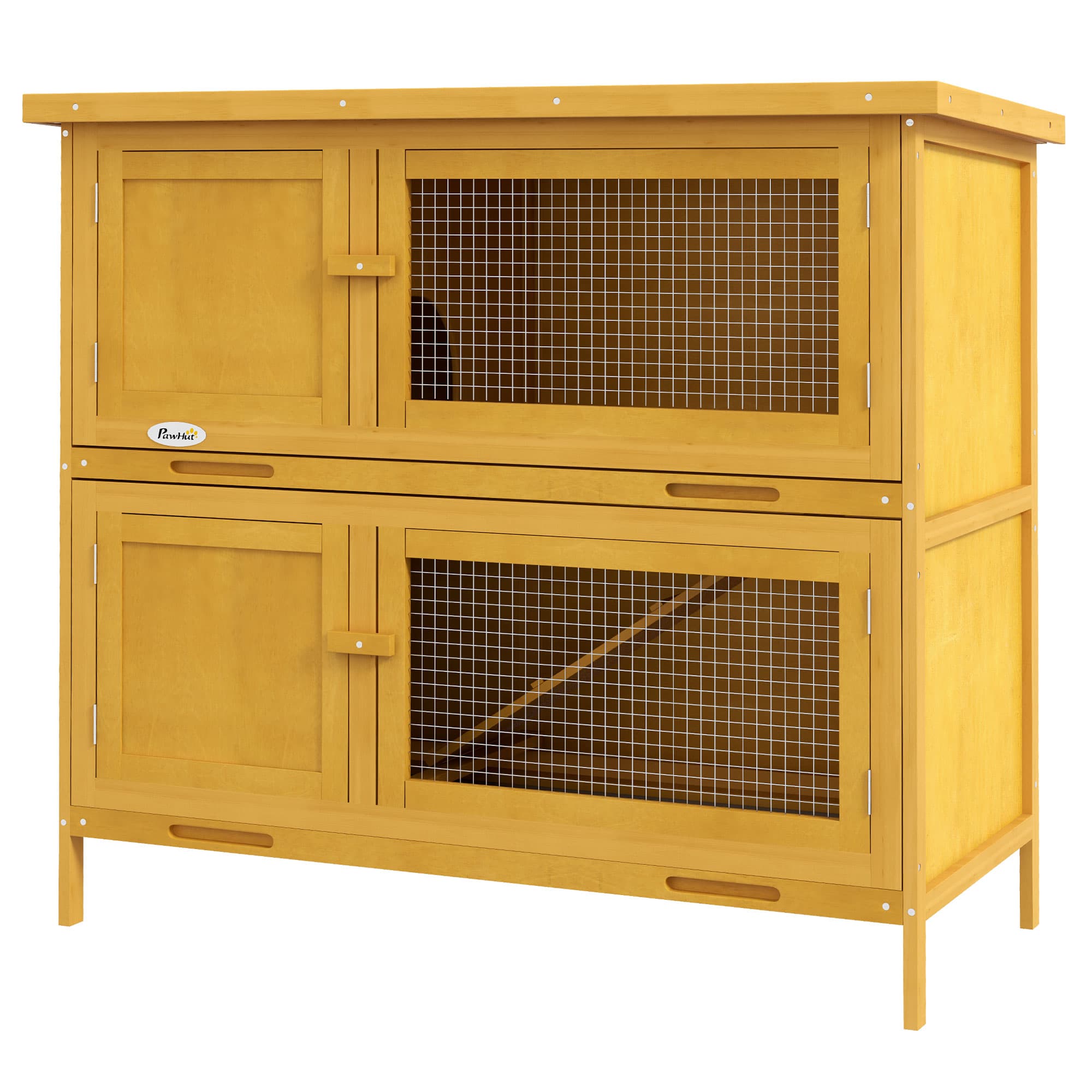 PawHut Clapier 2 niveaux avec rampe antidérapante, 2 bacs extractibles et 4 portes verrouillables, clapier en bois d'épicéa et toit en bitume, 97x44x91 cm, Jaune