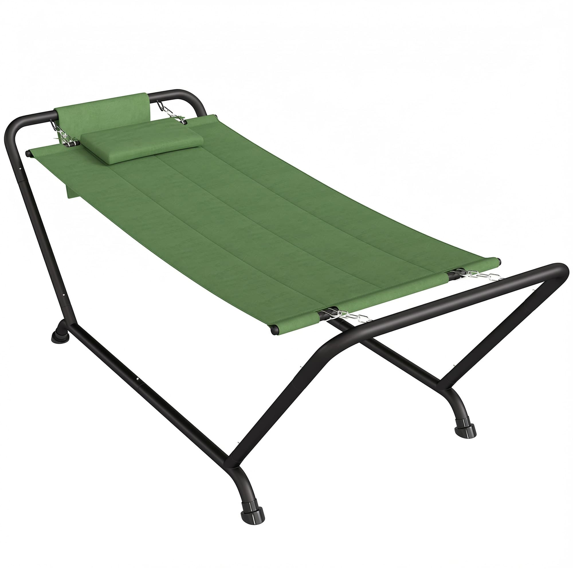 Outsunny Hamac d'extérieur avec support, Hamac autoportant avec poche latérale, appui-tête et structure en métal, capacité 150 kg pour jardin, balcon, véranda, 237 x 90 x 92 cm, Vert foncé