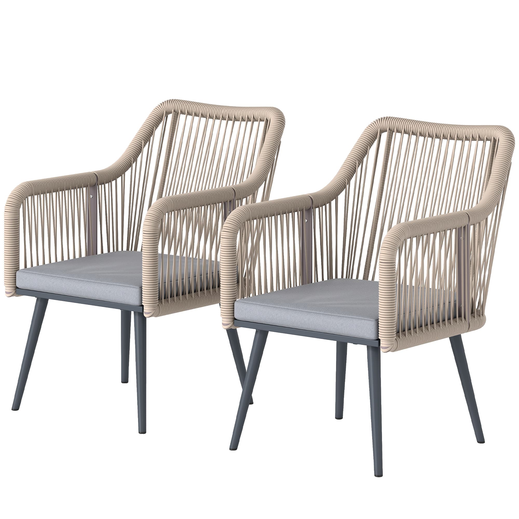 Outsunny Ensemble de 2 chaises de jardin extérieures en rotin avec coussins, accoudoirs et cadre en acier pour terrasse 54x65x80 cm Gris