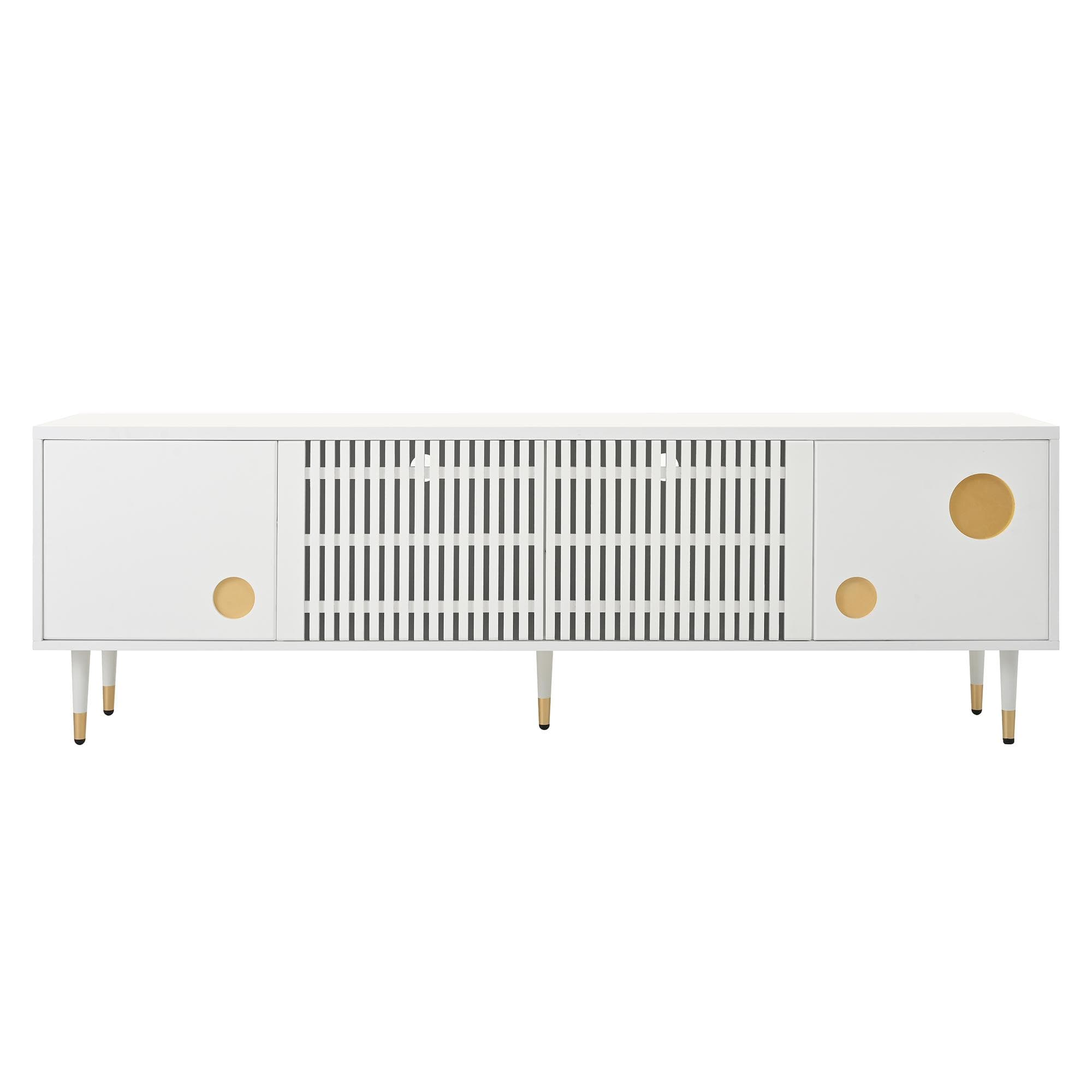 Meuble TV avec façade grillagée et accents dorés, 4 portes, 170x36x54 cm, Blanc
