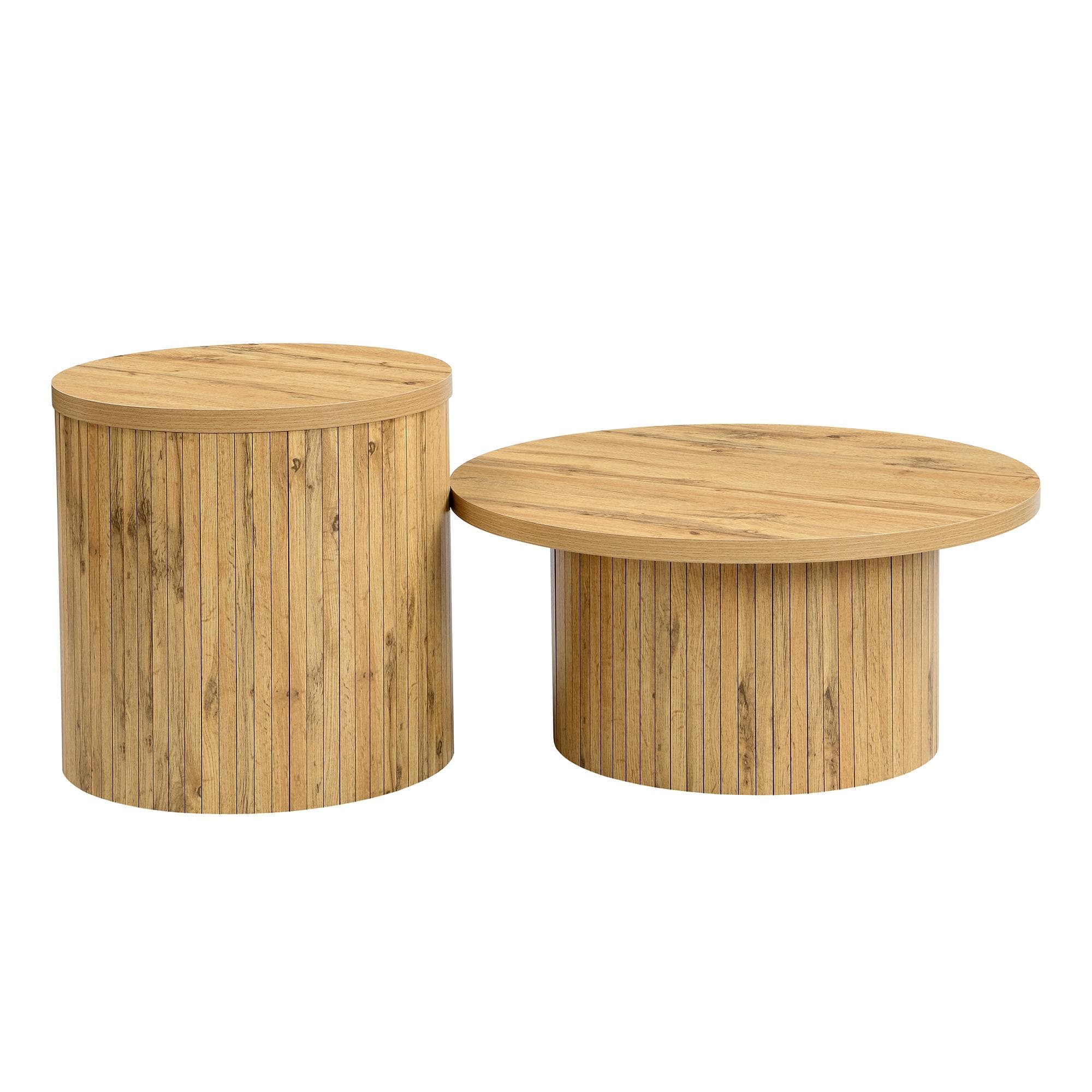 Ensemble de 2 tables basses rondes, avec façades à lattes verticales en bois naturel et coins arrondis, 75x75x36 cm/50x50x50,5 cm, Couleur naturelle