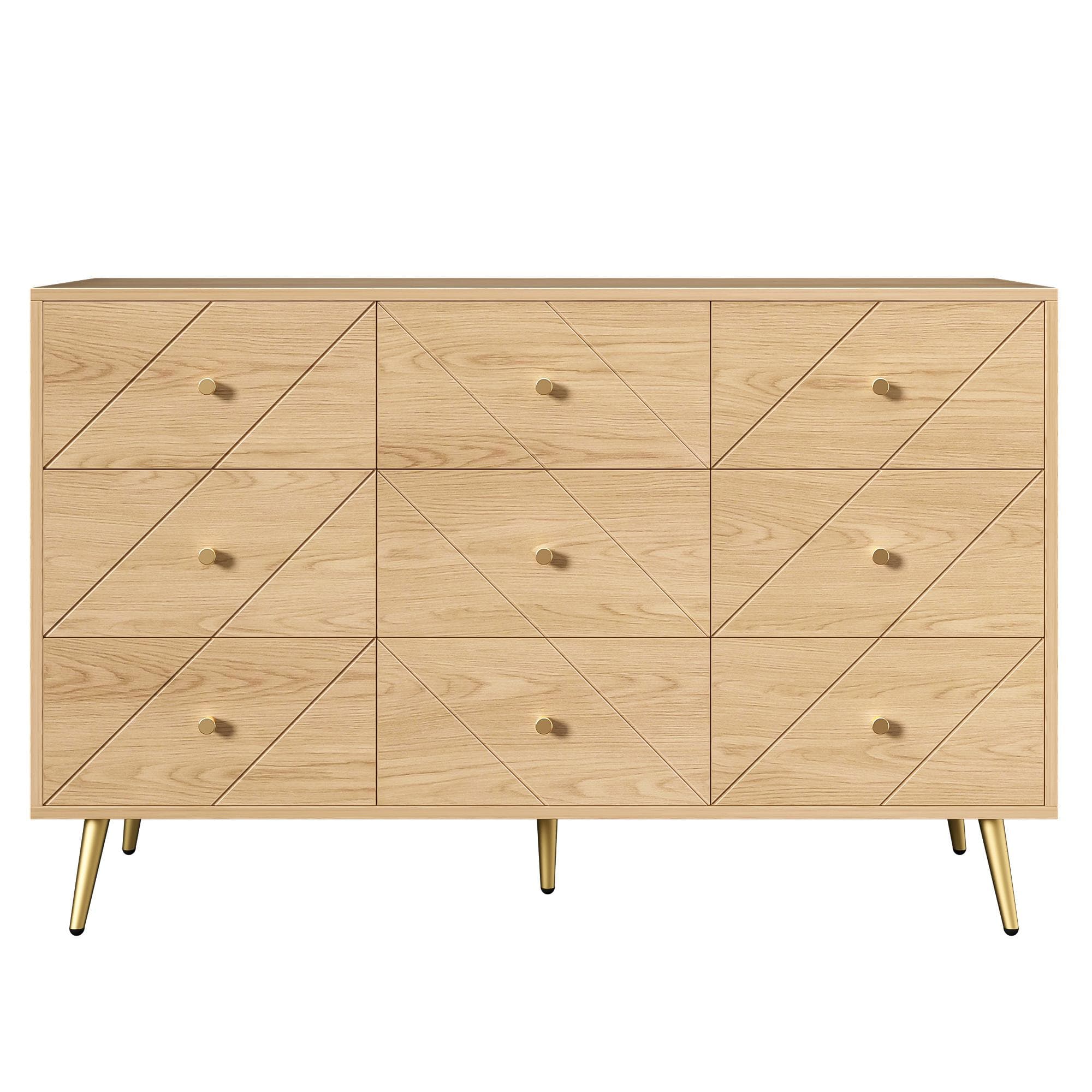 Commode 9 tiroirs avec beaucoup de rangement, motifs géométriques, 120x39x80 cm, Couleur naturelle