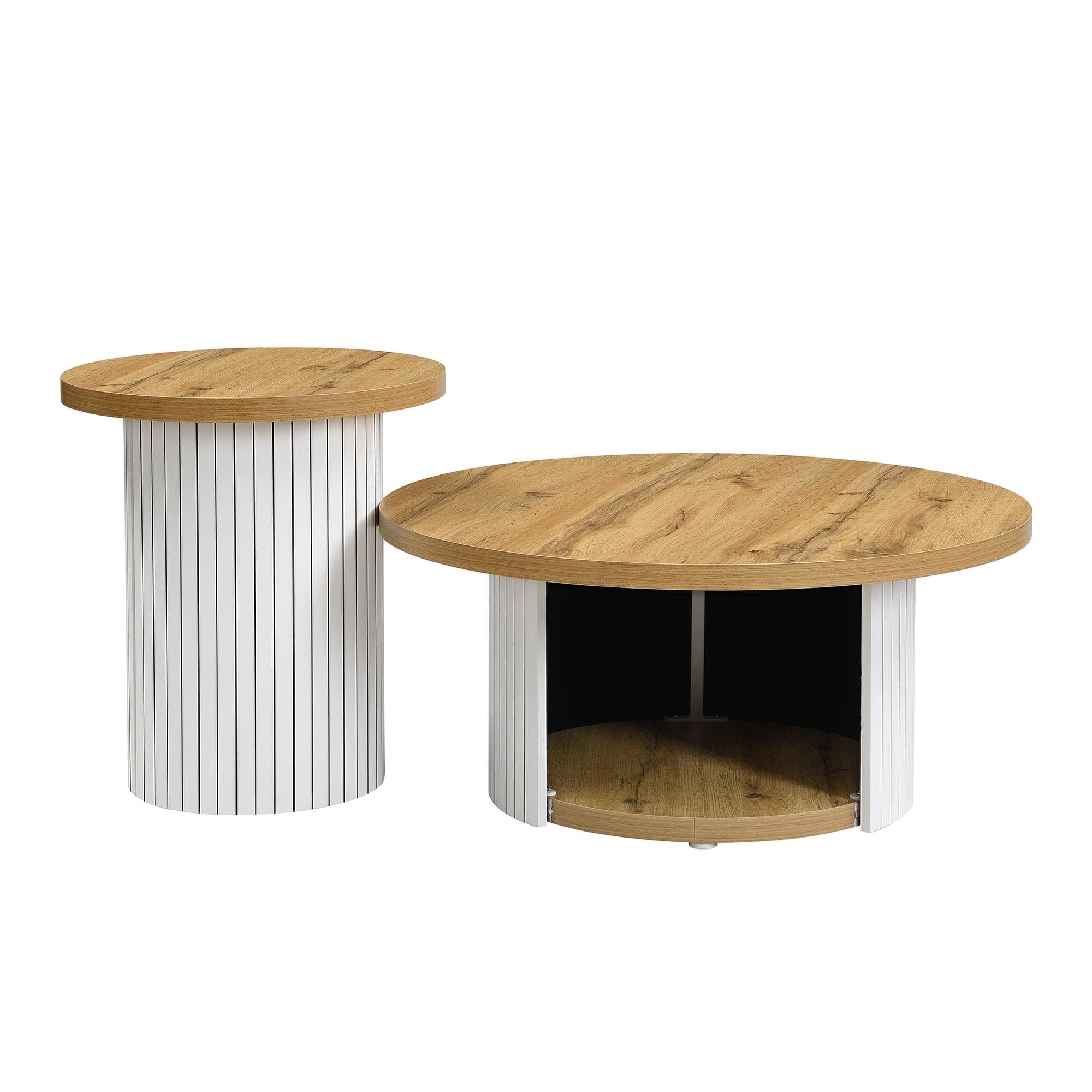 Ensemble de 2 tables basses rondes, table principale et table d'appoint avec compartiment de rangement, 75x75x50/45x45x35 cm, Couleur naturelle