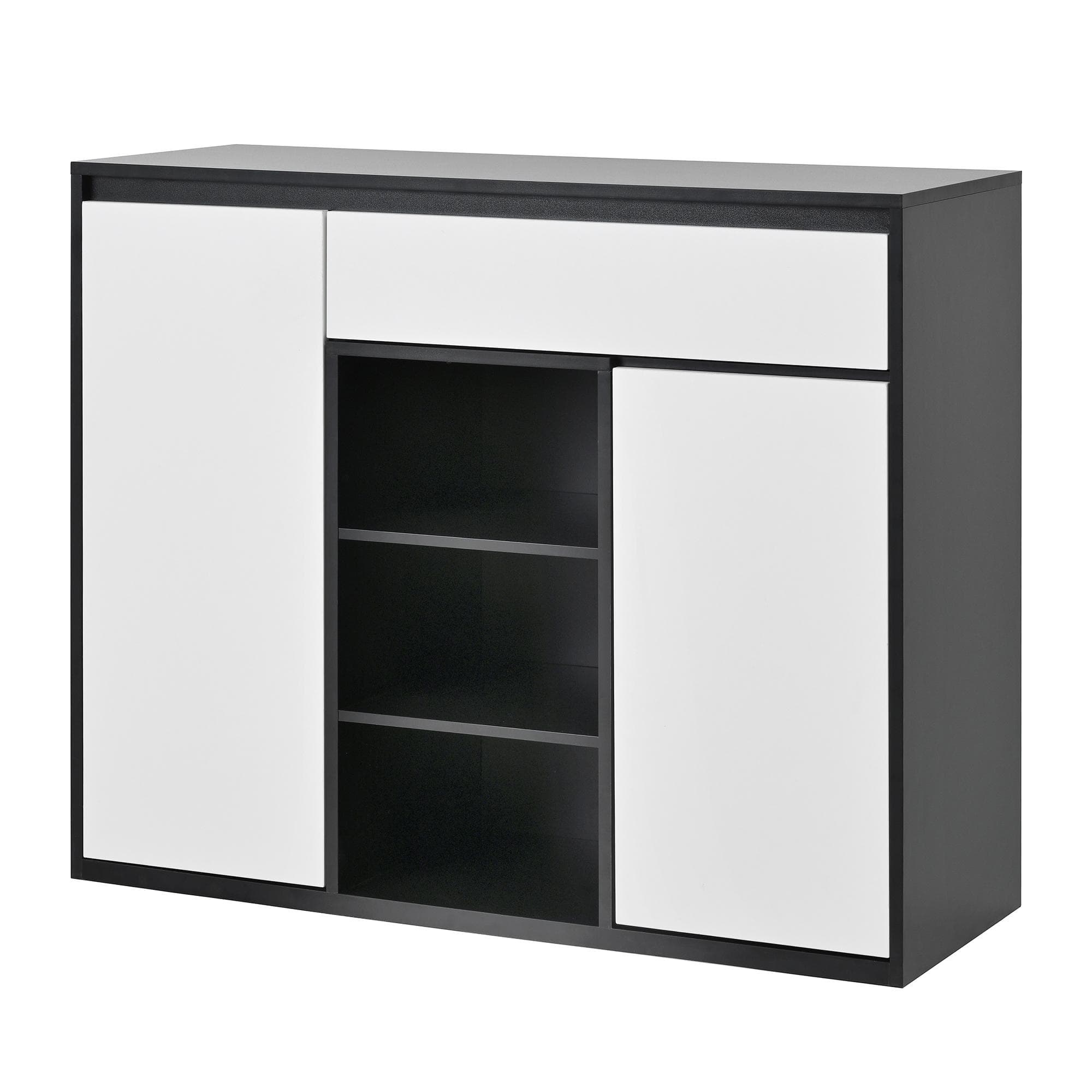 Meuble à caussures avec 2 portes et 1 tiroir, avec éclairage LED et étagère à caussures réglable, 105x39,5x86 cm, Noir+Blanc