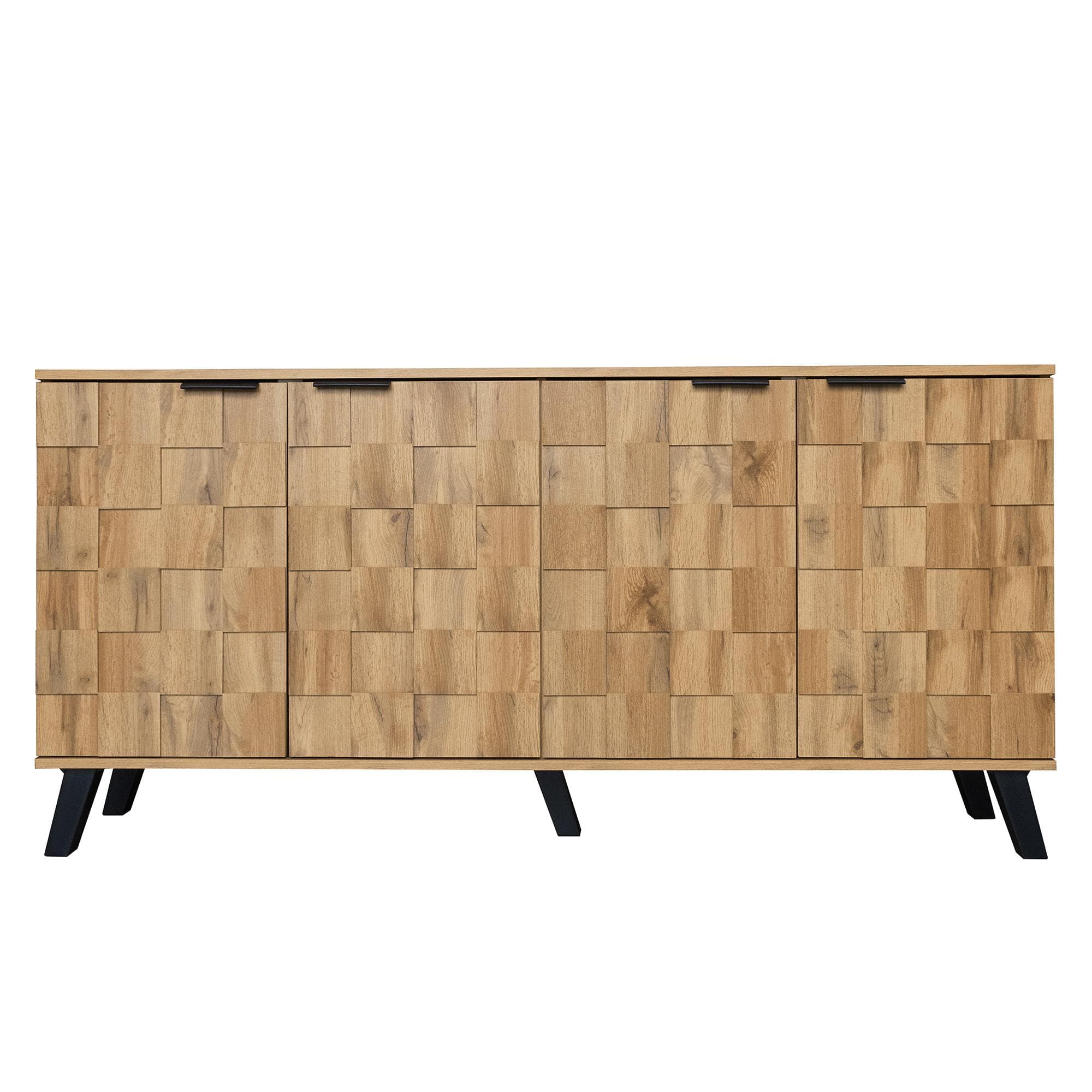 Buffet moderne à 4 portes, motif géométrique en grain de bois, espace de rangement spacieux, 160,5x35,5x78 cm, Couleur naturelle