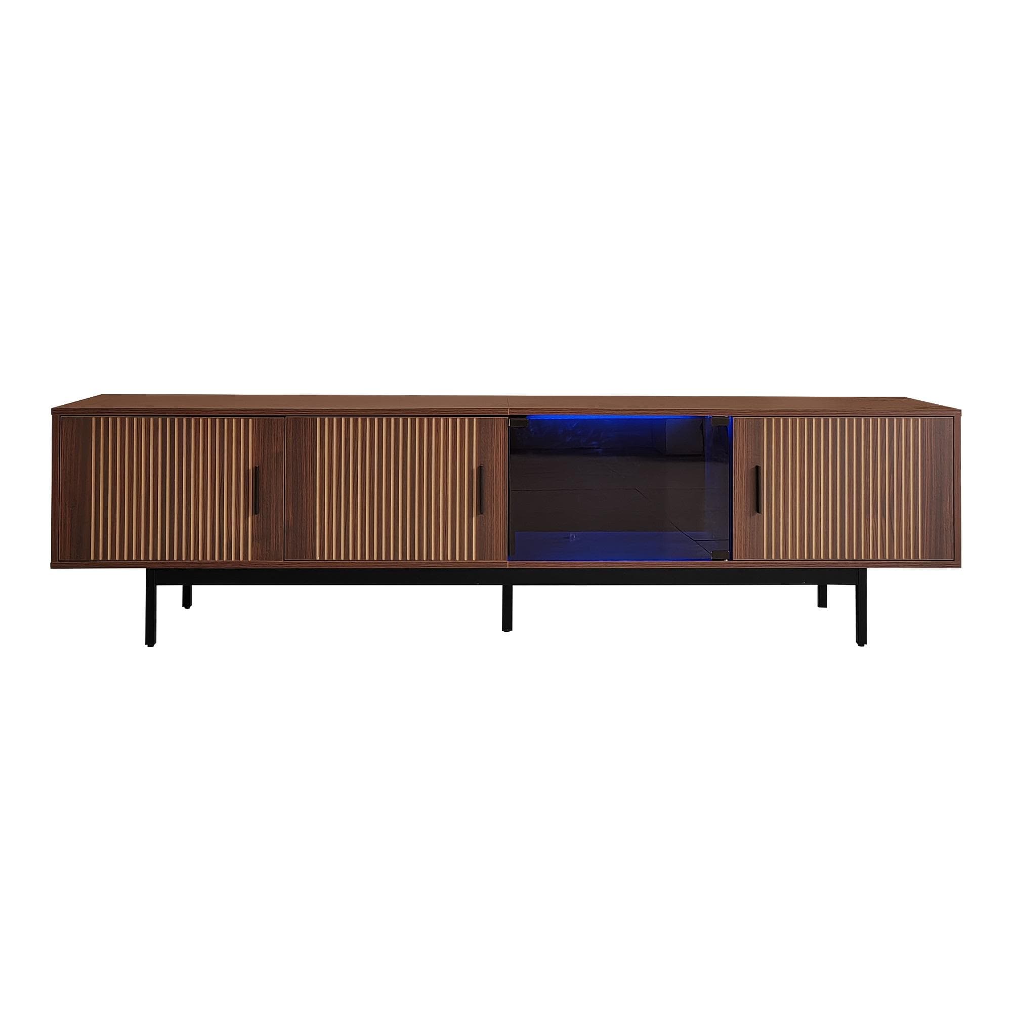 Meuble TV bas avec éclairage LED, 3 portes à texture sculptée, grand espace de rangement, 200x35x53 cm, Couleur naturelle