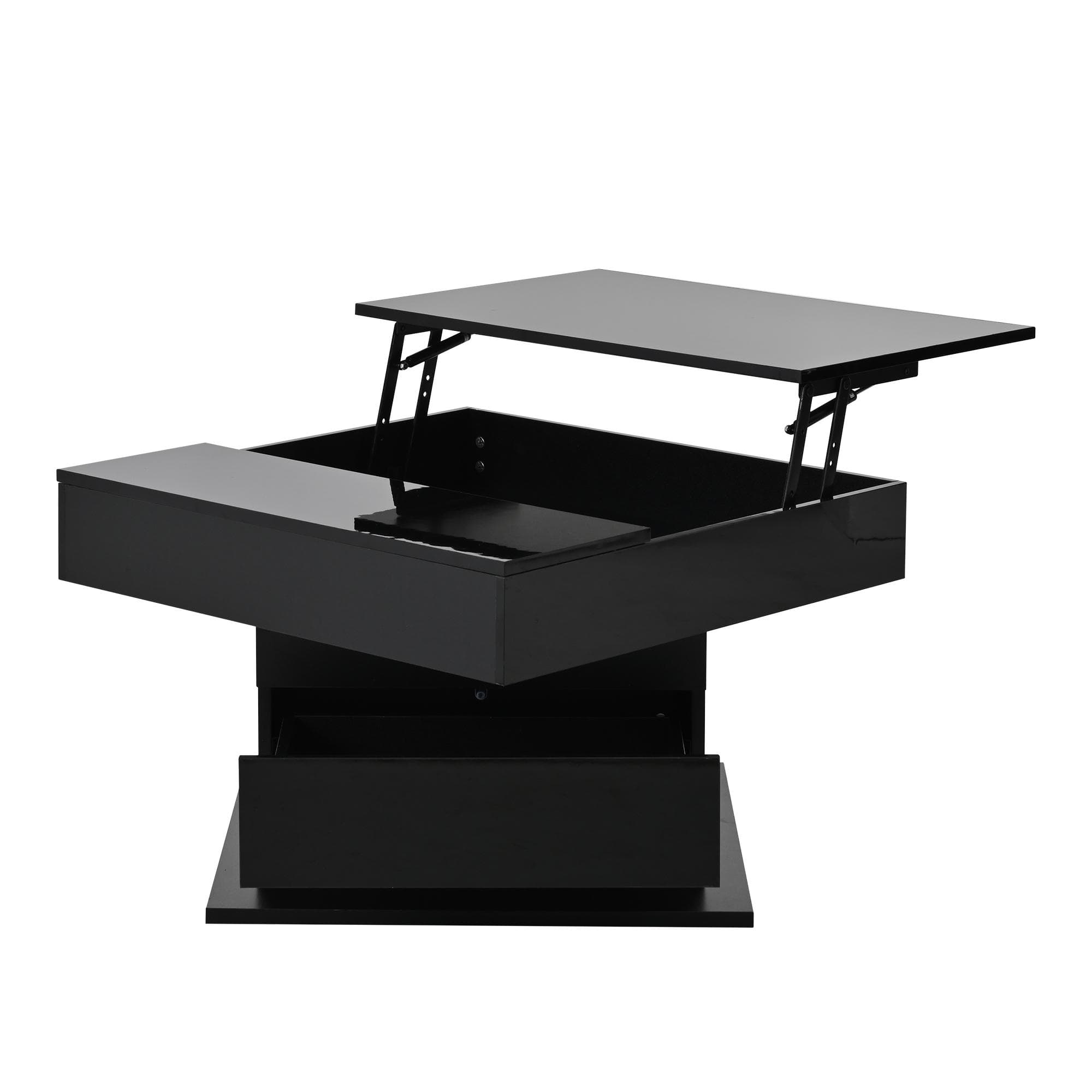Table basse pivotante à 360° avec fonction relevable, rangement dissimulé et 1 tiroir, 70x70x45 cm, Noir