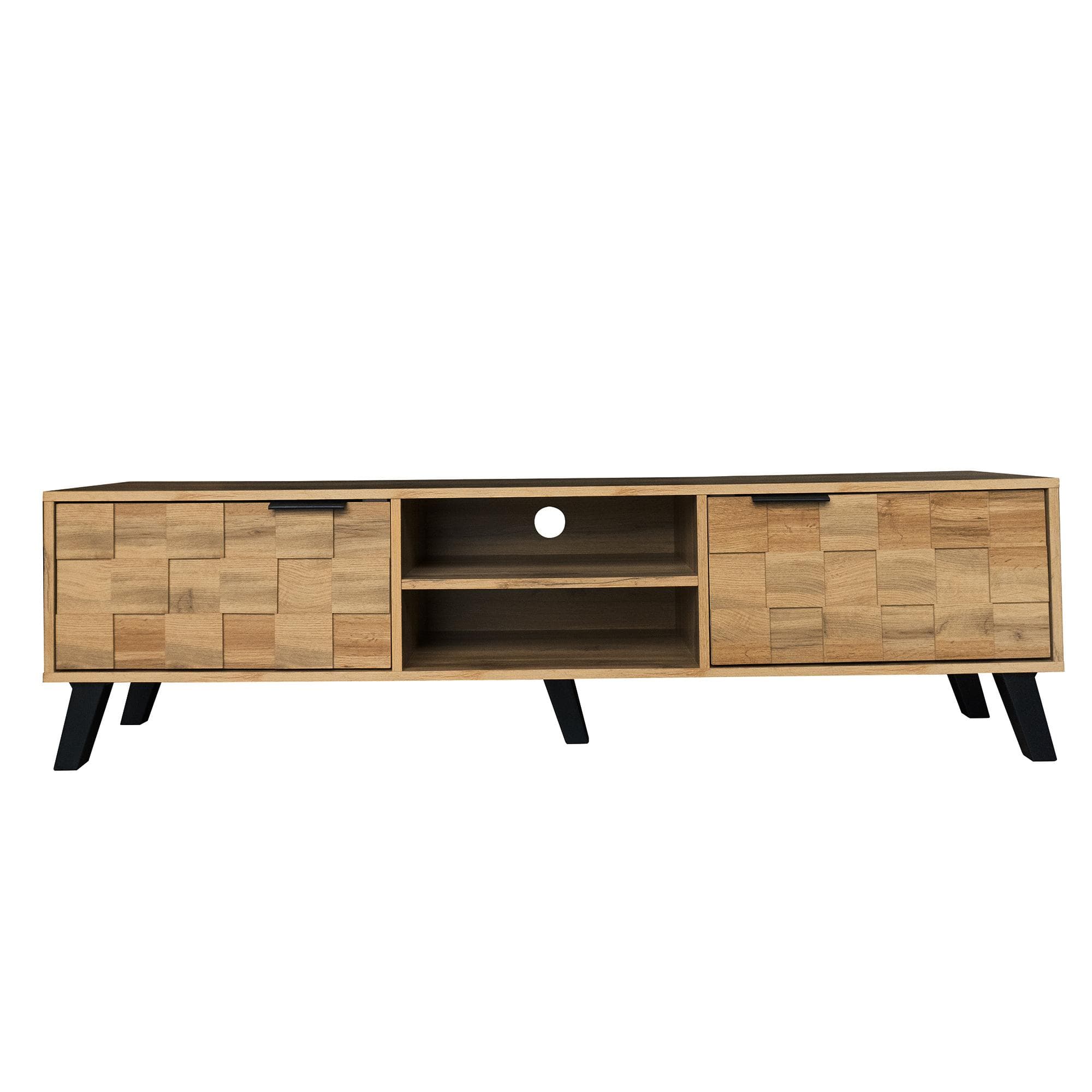 Meuble TV moderne avec 2 portes et 2 compartiments ouverts, grand espace de rangement, 160,5x35,5x45 cm, Couleur naturelle