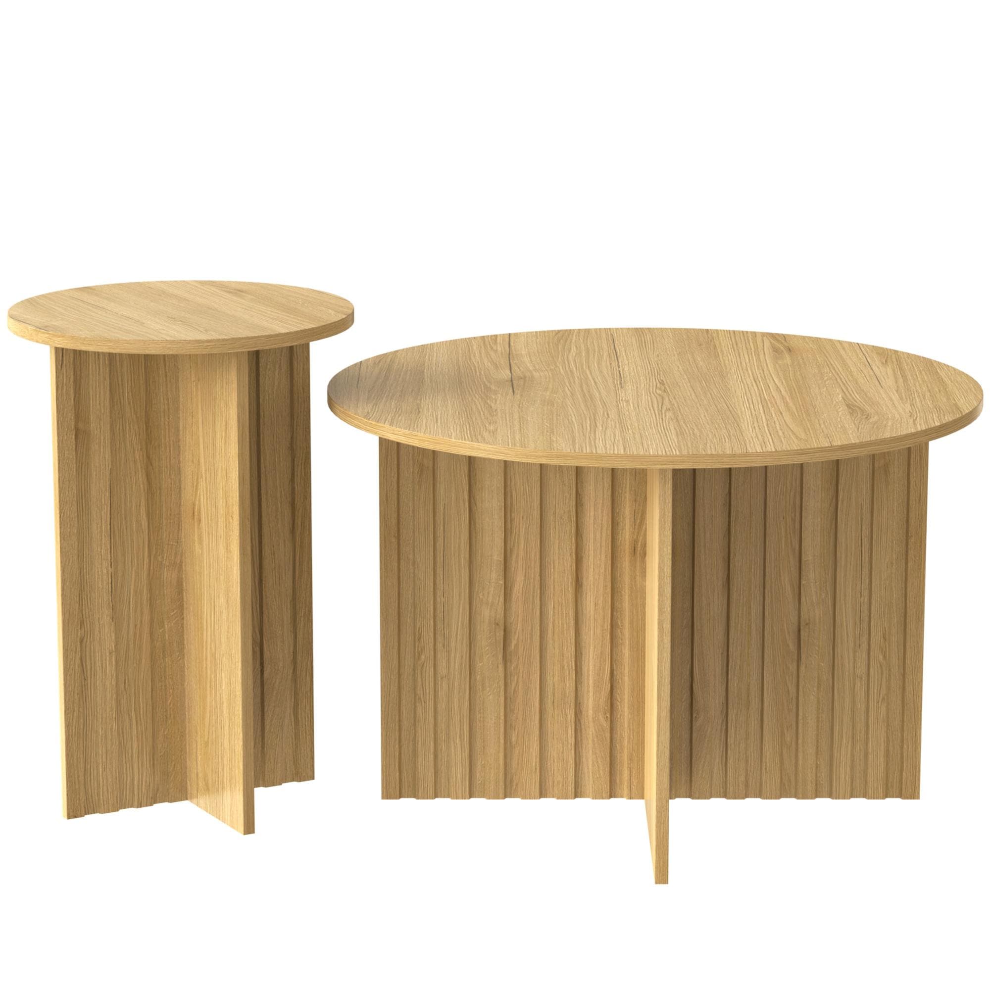 Ensemble de 2 tables gigognes modernes, avec plateaux ronds et structure latérale verticale, 76x76x50 cm/40x40x56,5 cm, Couleur naturelle