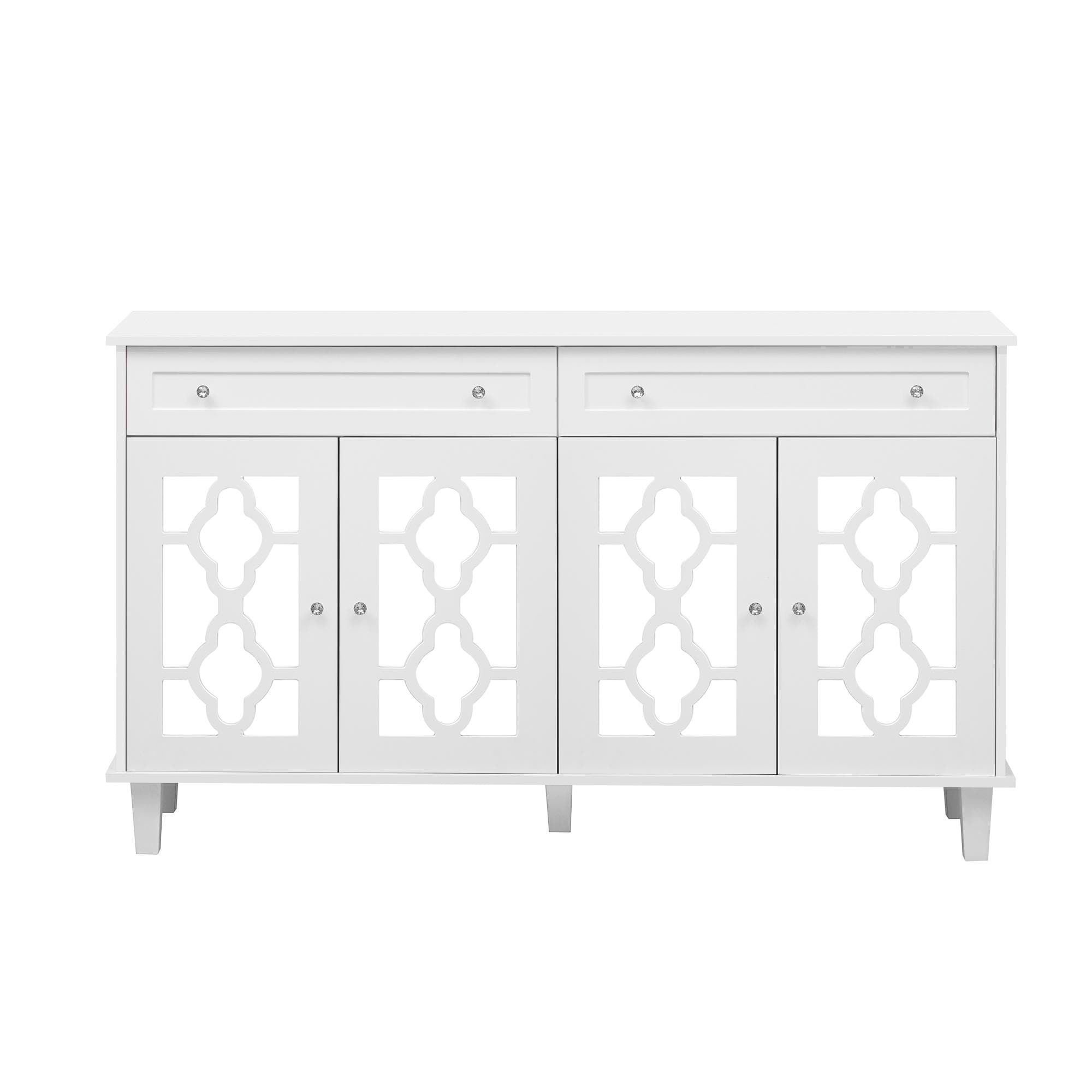 Buffet avec quatre portes-miroir, commode à tiroirs avec tiroirs et poignées en cristal, 140x40x83 cm, Blanc