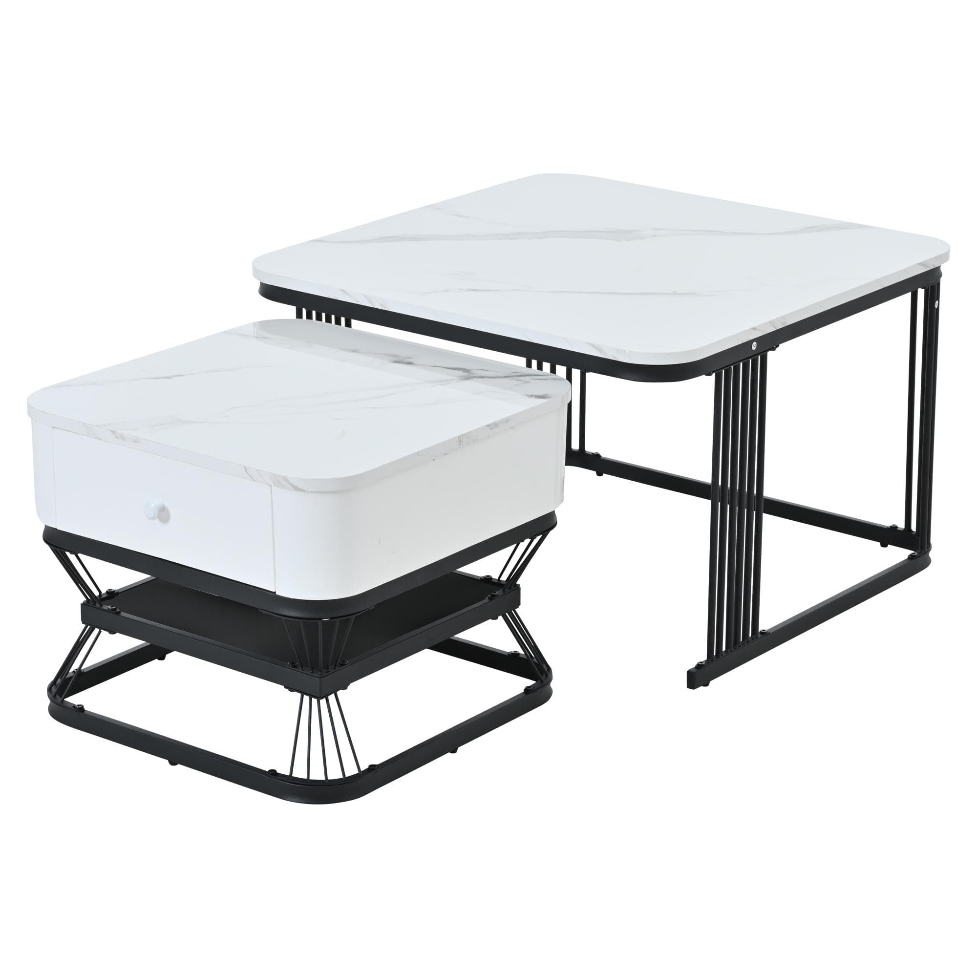 Ensemble de 2 tables basses, ensemble de table basse pour salon avec 1 tiroir, 70x70x45 cm/50x50x40 cm, Blanc+Noir