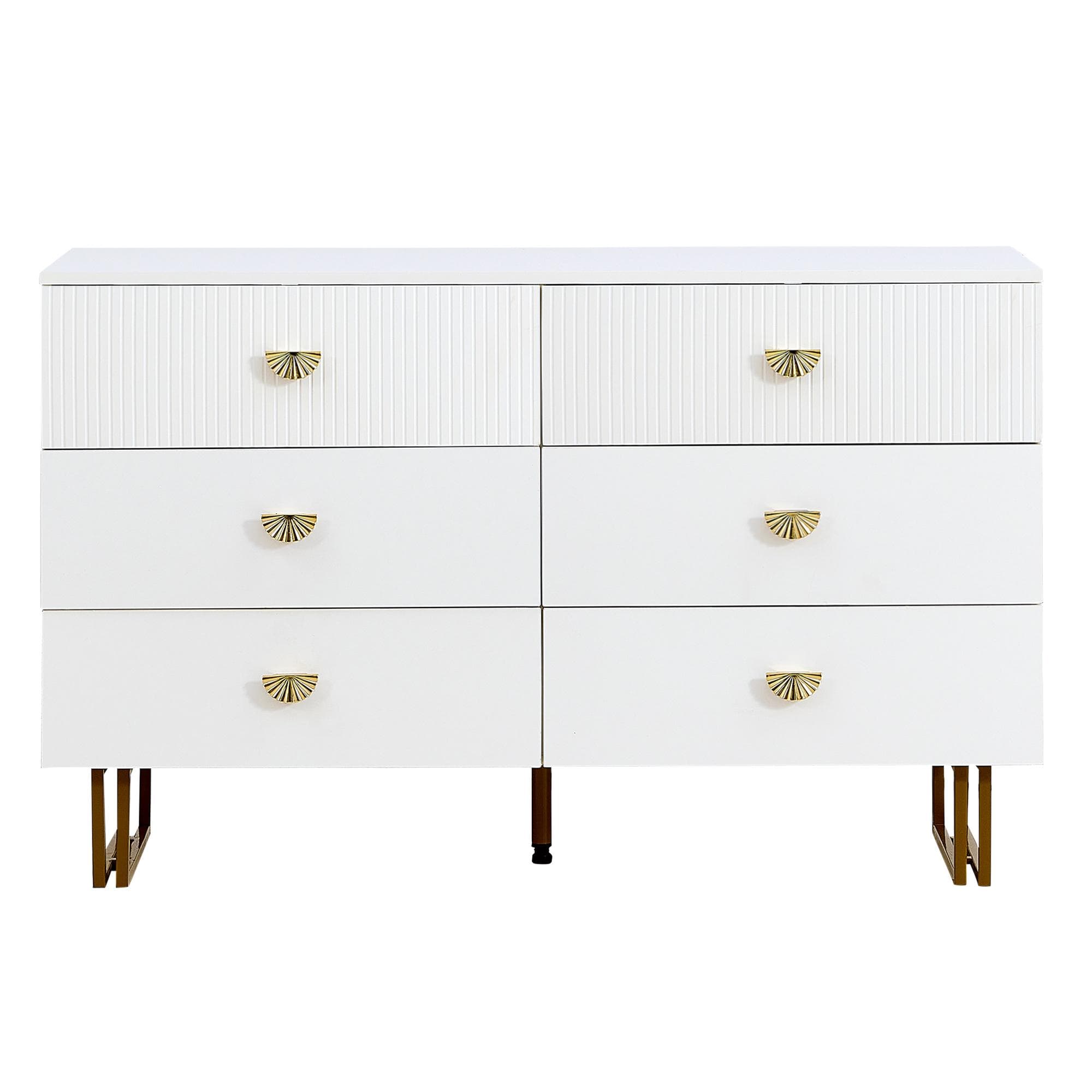 Buffet moderne avec 6 tiroirs, poignées en éventail et pieds en acier, beaucoup d'espace de rangement, 120x40x75 cm, Blanc