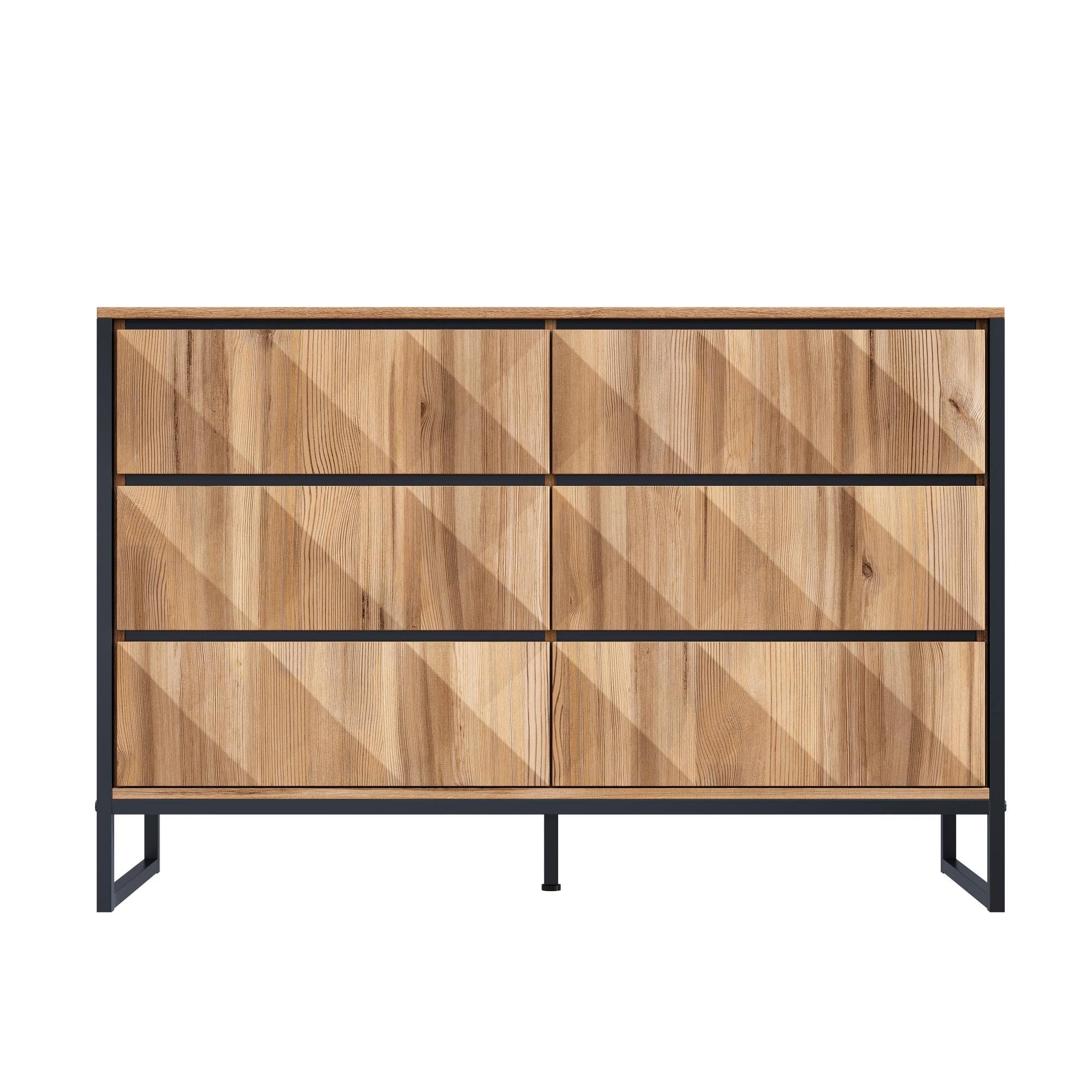 Buffet avec 6 tiroirs, cadre en métal noir et façades de tiroirs géométriques, 120x40x80 cm, Couleur naturelle